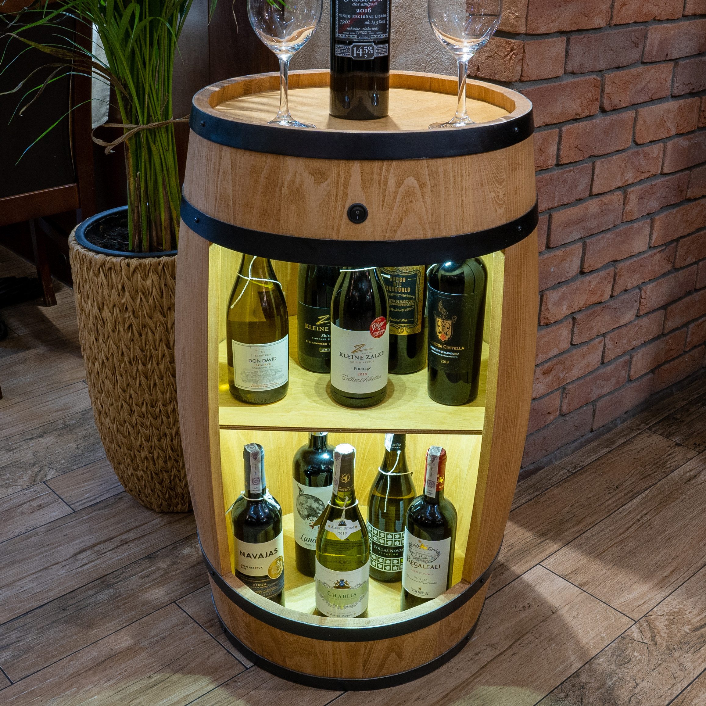 Allzweckkiste Holzfass Eichenoptik Hausbar LED Minibar Weinfass Design 80 cm Vintage (Set)