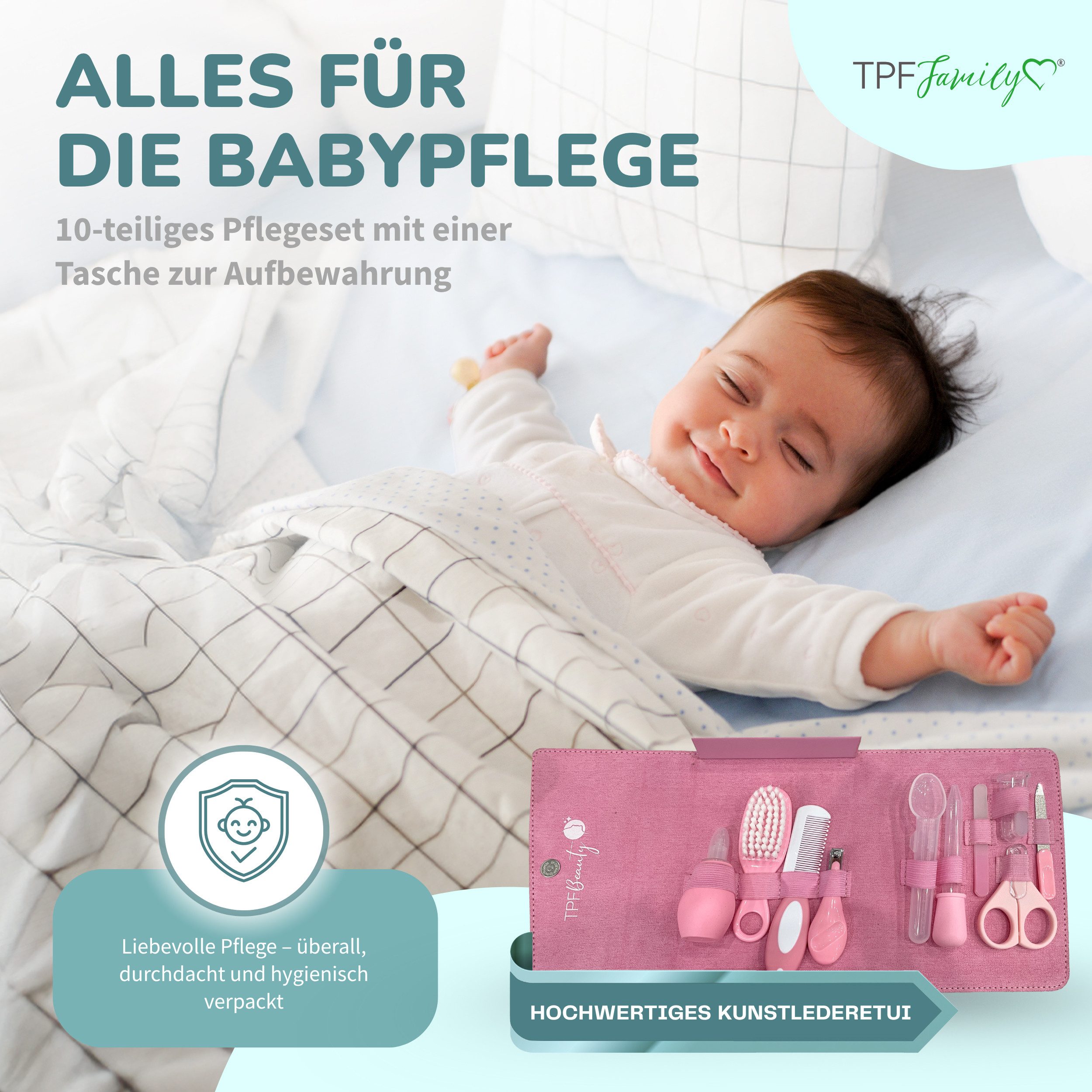 TPFFamily Babypflege-Set Neugeborene inkl. aller Pflegeartikel, 10 tlg., 10-tlg. Erstausstattung fürs Baby - Schönes Geschenkset zur Geburt