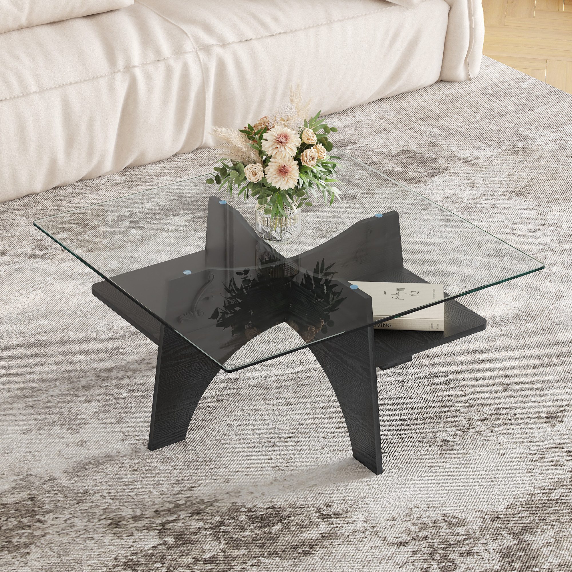 STILVORA Couchtisch quadratischer Beistelltisch Wohnzimmertisch aus Sicherheitsglas (Sofatisch aus Sicherheitsglas – 80 cm Seitenlänge, mit Tischbeine aus MDF), für Esszimmer, Wohnzimmer