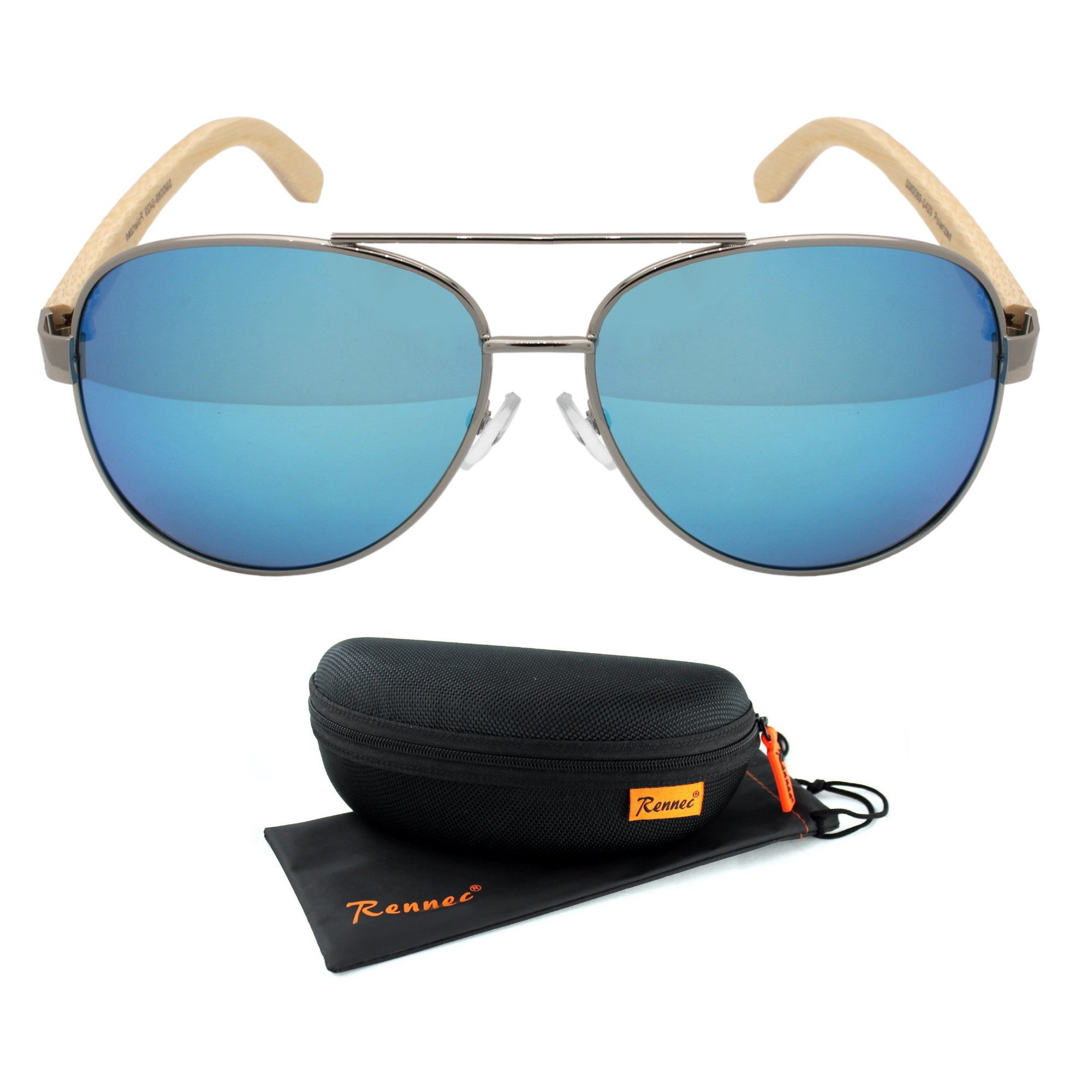 LUXXADA Sonnenbrille (Piloten Sonnenbrille Polarisiert Verspiegelt Blau oder Orange mit Hardcase) Polarisierte Gläser Pilotenbrille mit Bambus Holz Bügeln