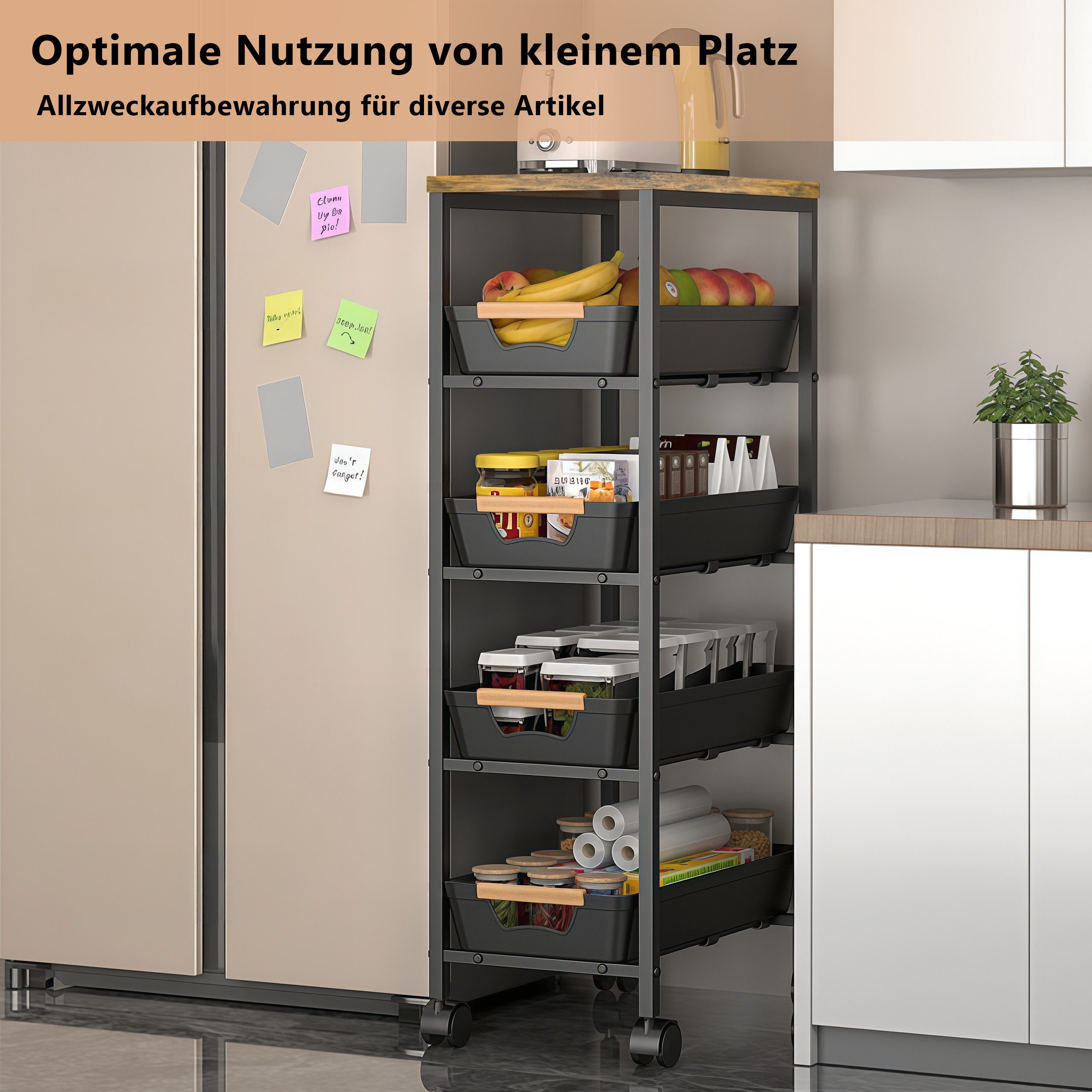 PFCTART Küchenwagen Schmaler Küchenwagen mit Schubladen & Körben, 38×32×81,5 cm, (Set, 1 St., Ideal für Küche, Bad, Waschküche & kleine Räume), Rollwagen mit Ho – Bild 5 von 5