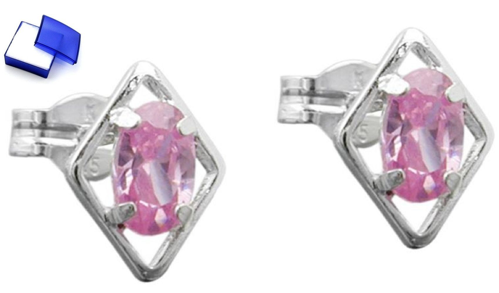 Paar Ohrstecker Ohrringe Rhombus pink mit Zirkonia 925 Silber 8 x 6 mm kl. Schmuckbox