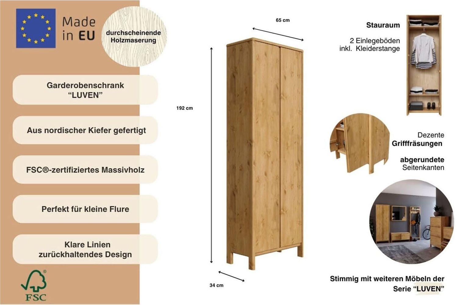 OTTO home Garderobenschrank Luven FSC®-zertifiziertes Massivholz, Höhe 192 cm