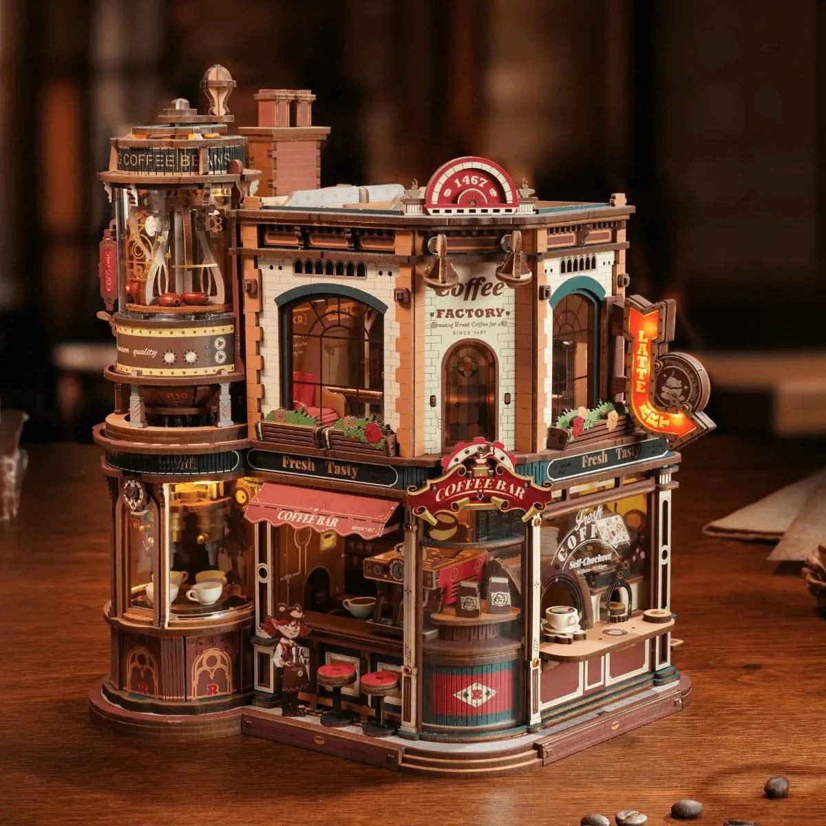 Robotime Modellbausatz Robotime Dream Coffee Factory 3D-Holzbausatz mit Licht Mechanischer, (593-tlg)