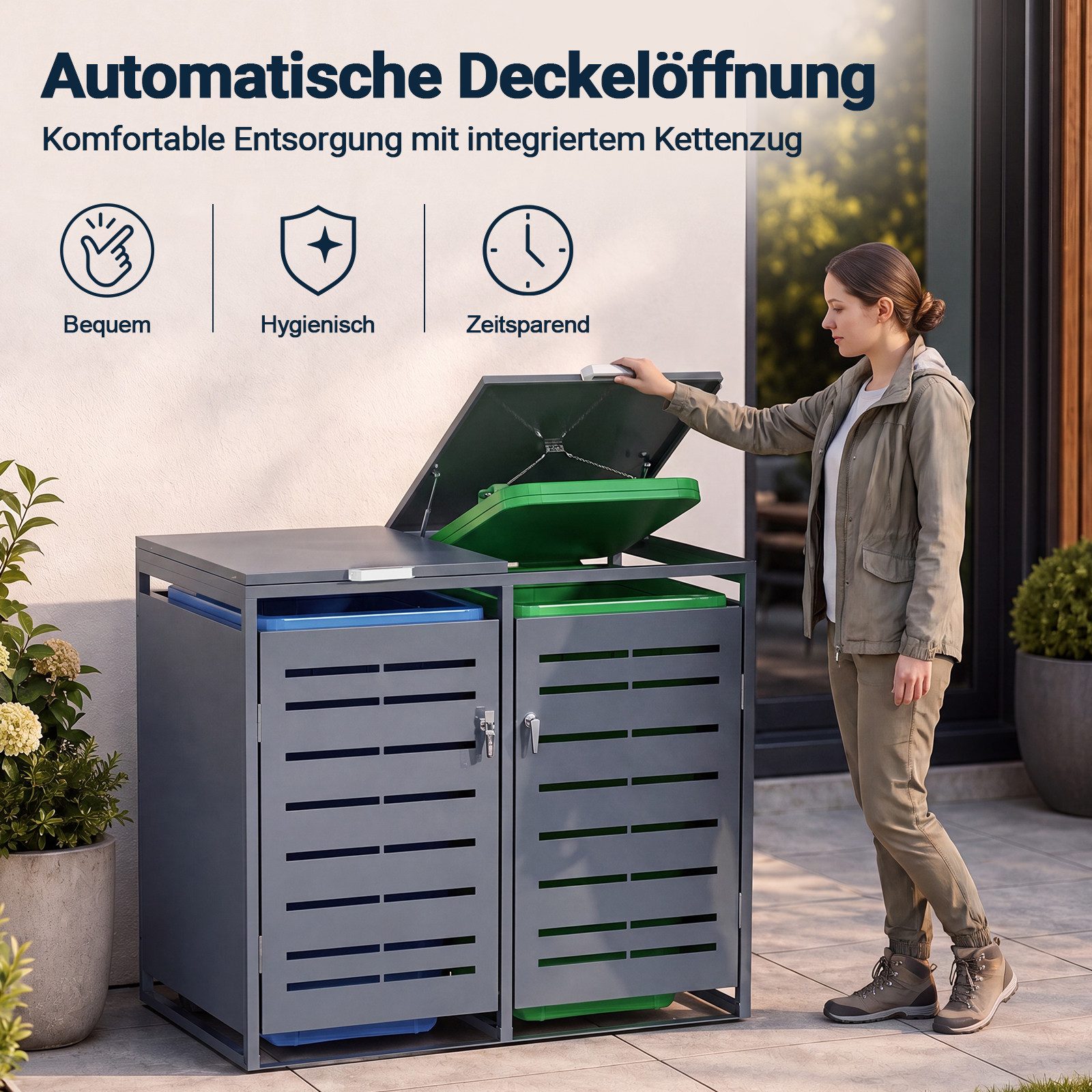 Hausright Mülltonnenbox Mülltonnenbox Metall für 120L/240L Mülltonnen Abschließbare (für 1/2 Mülltonnen), Kettenzug & Soft-Close, Mülltonnenhaus Wetterfest, UV-Beständig