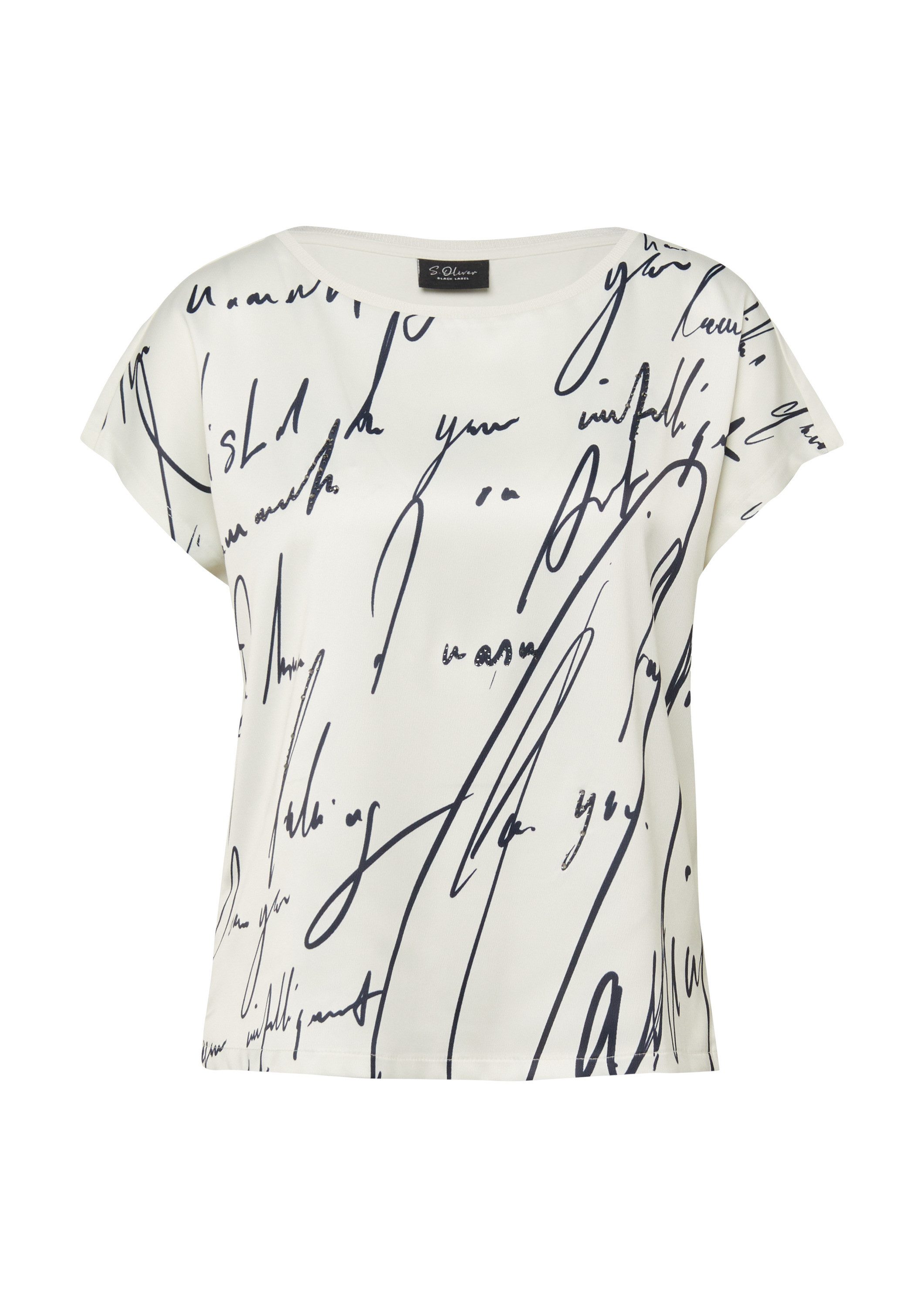 s.Oliver Kurzarmshirt T-Shirt Blusenshirt mit Schriftprint und Strasssteinchen