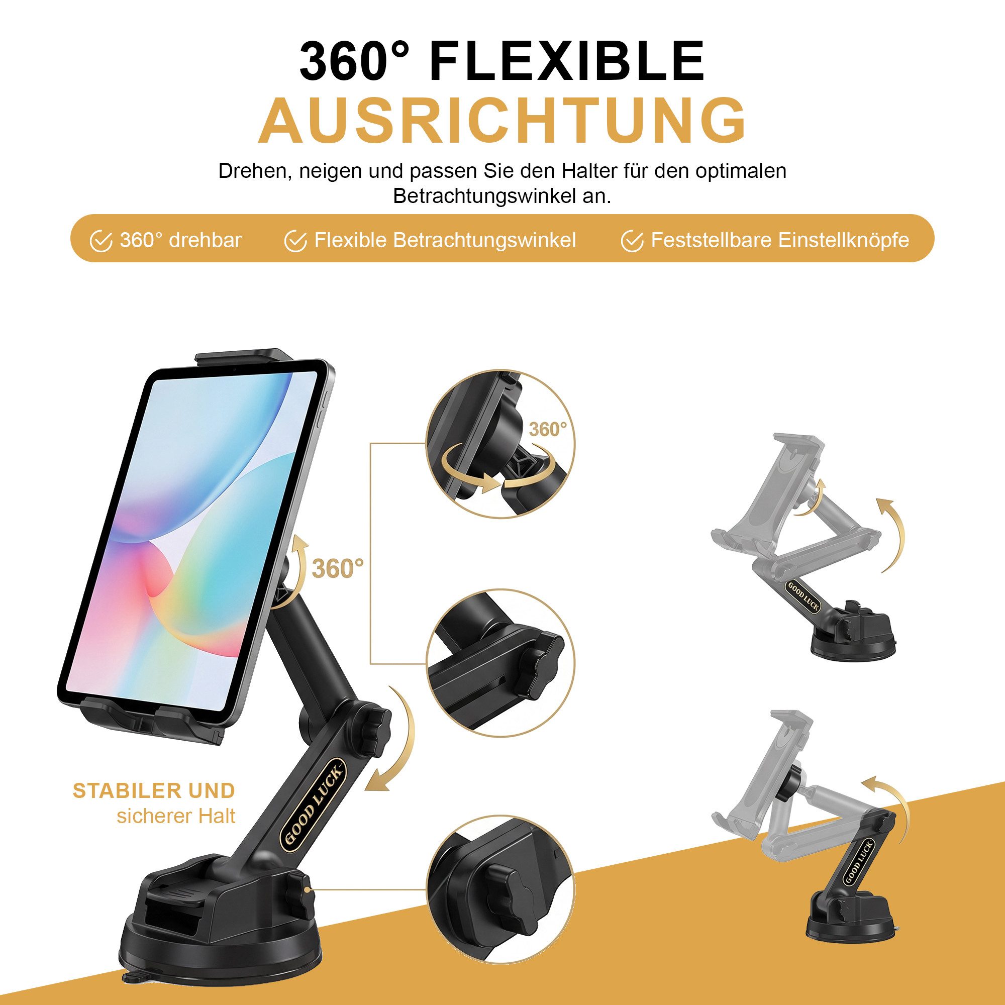 S&T Design Tablet-Halterung Tablet Handy Halterung Wohnmobil 360° KFZ Auto Armaturenbrett Scheibe, (bis 13 Zoll, Langer Arm & Hitzebeständig, Tablet & iPad Halt – Bild 5 von 5