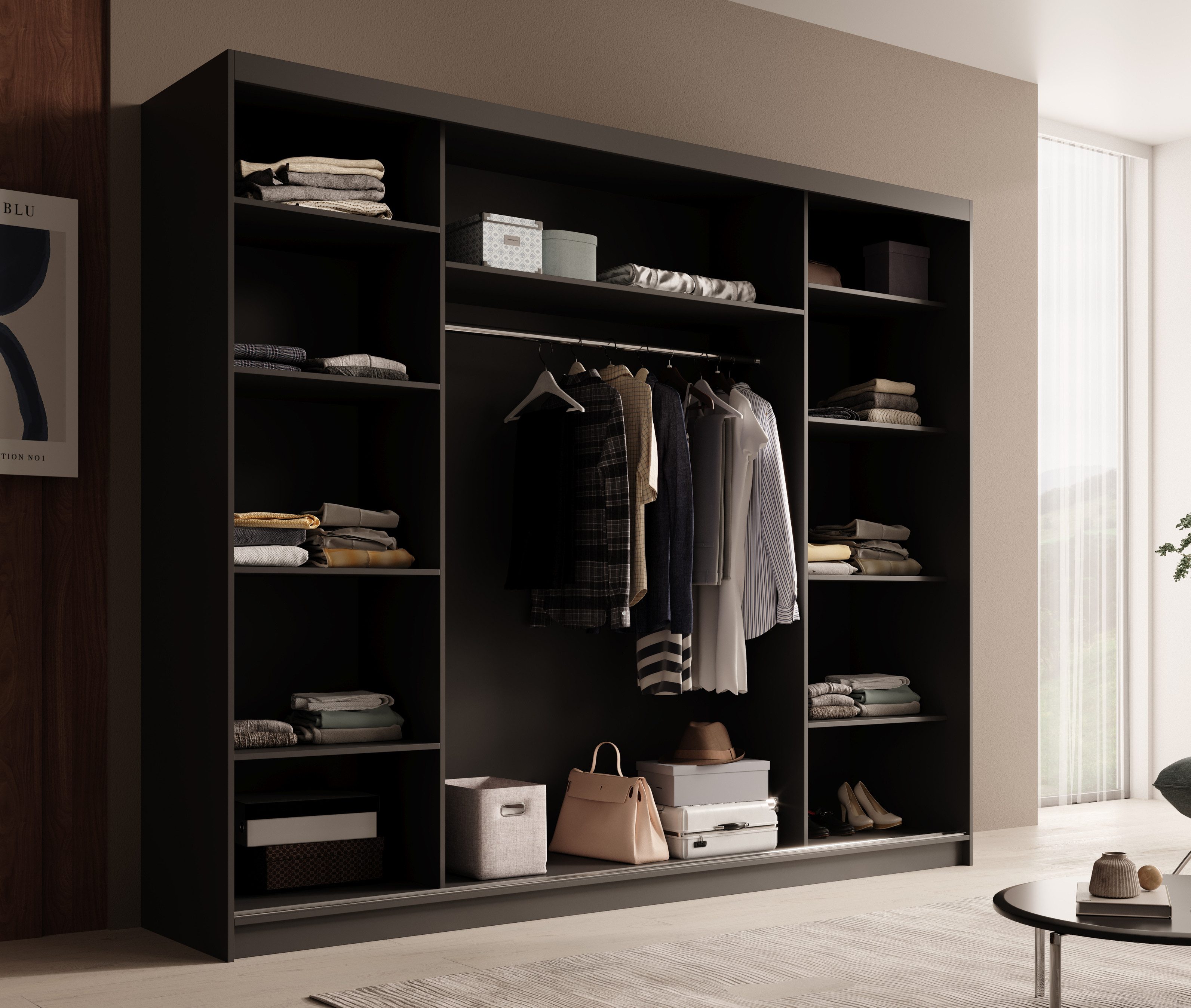 MOEBLO Schiebetürenschrank Tivora 250 (Moderner, platzsparender Kleiderschrank mit Spiegel für Schlafzimmer und Ankleidezimmer, 3 Schiebetüren, 11 Einlegeböden, stabile Kleiderstange, Wohnzimmerschrank mit Spiegel, Schwebetürenschrank Schrank Garderobe Schiebtüren Schlafzimmer) (BxHxT): 250x215x58 cm