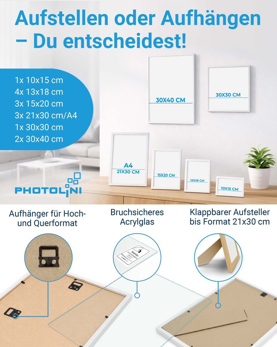 PHOTOLINI Bilderrahmen Sets in verschiedenen Formaten, MDF Holz, Acrylglas & Zubehör