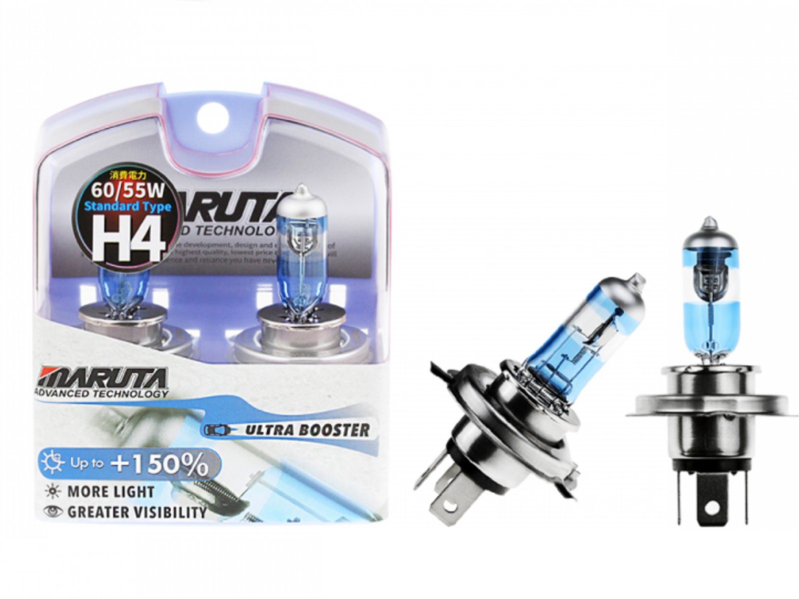 MARUTA KFZ-Ersatzleuchte ULTRA BOOSTER, H4, Kaltweiß, H4 60/55W 3800K Xenon Effekt, langlebig, mehr Licht, Abblendlicht