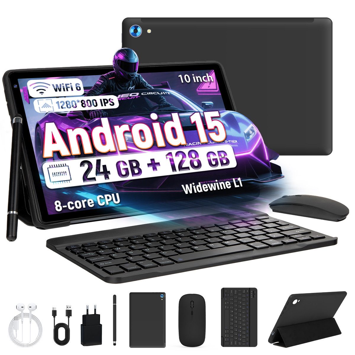 BUFO 10.1 Zoll Android, 4GB/6GB+128GB, 1280x800 HD, incl. Hülle Set Tablet (10", 128 GB, Android 15, Octa core mit Tastatur, Stift, Maus, Hülle, Kopfhörer, WiFi 6 BT 5)