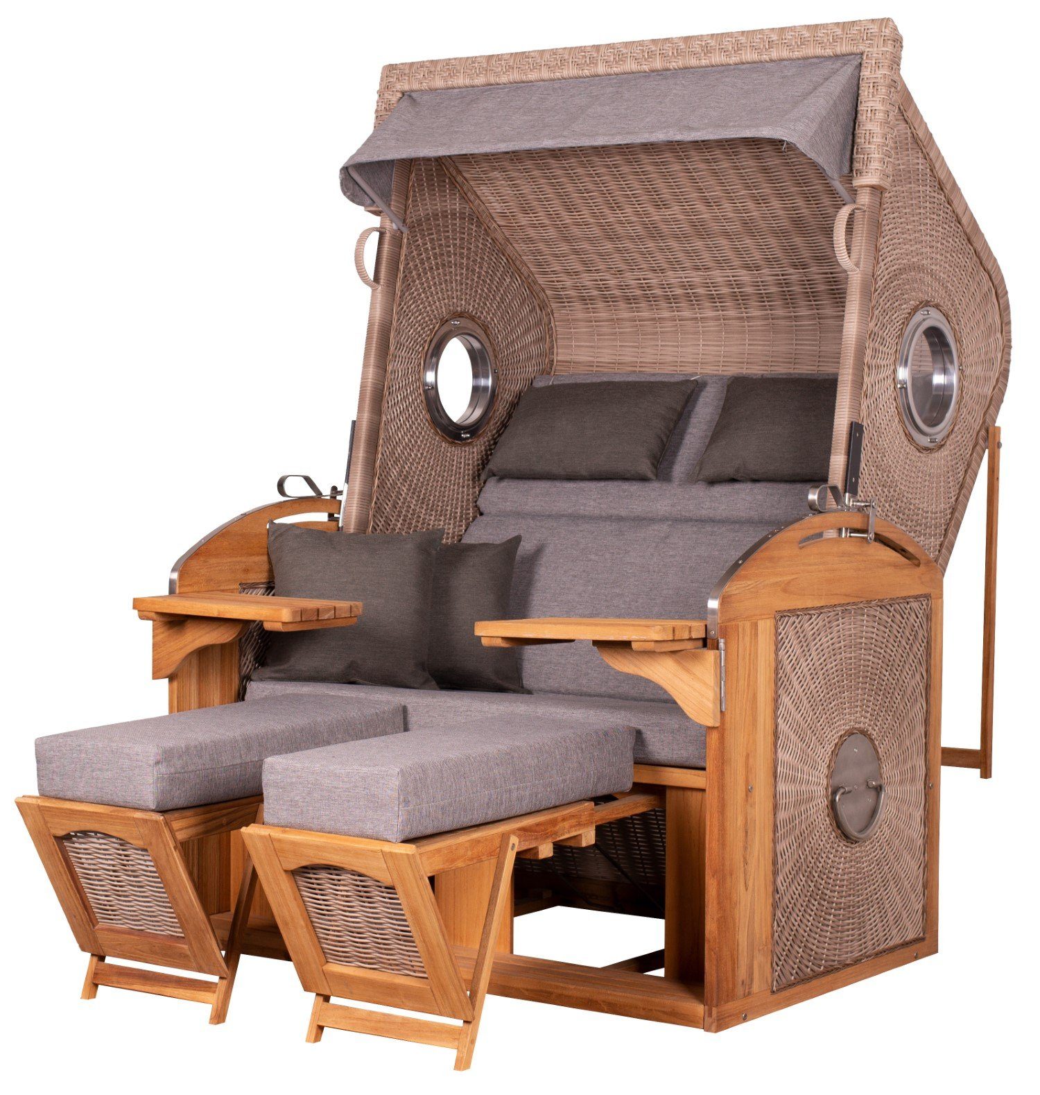 deVries PURE® Strandkorb Sailor XL - PE white kubu - Dessin 466, BxTxH: 135x90x165 cm, Halblieger, Ostsee-Strandkorb, feines Teakholz - inkl. Rückholfeder und Schutzhülle