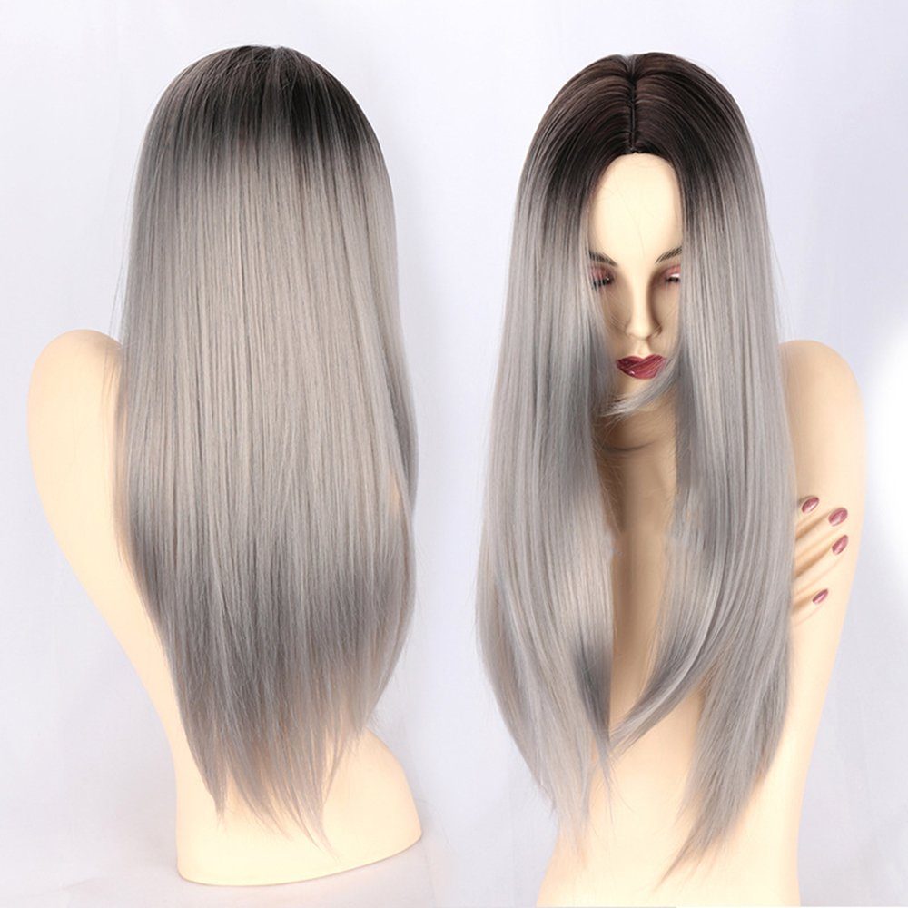 Damen Haarstyling Housruse Toupet Toupet Schwarz-grauer Farbverlauf Perücke mehrfarbige lange glatte Haare realistische natürlic