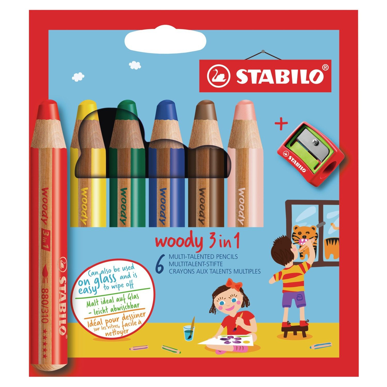 STABILO Wachsmalstift Buntstift Woody 3 in 1 / 6er Kartonetui mit Spitzer, (7-tlg)