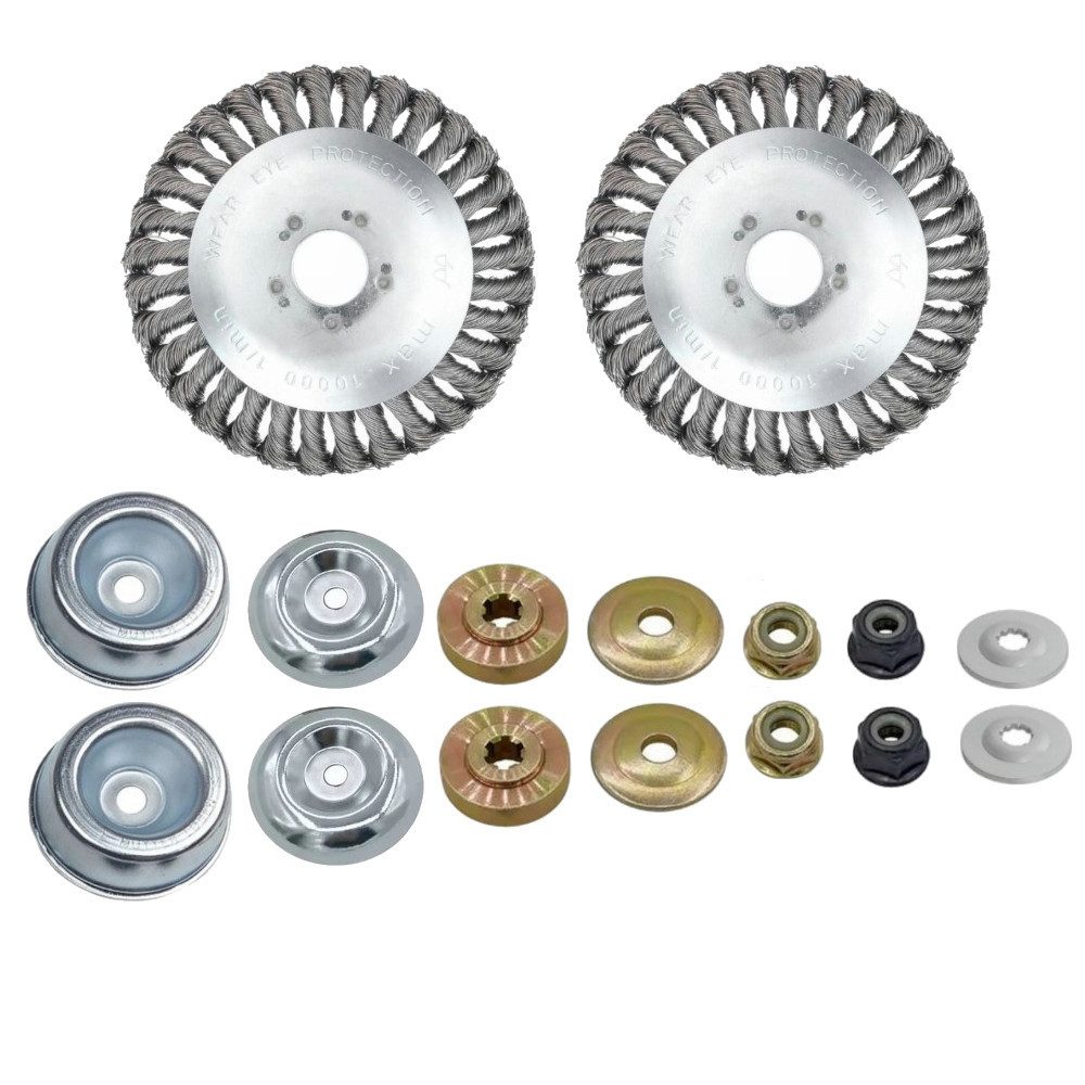 Trade-Shop Drahtbürste 2x Stahldraht-Bürstenkopf 15x2,54cm inkl Adapter-Set für Freischneider, passend für Stihl FS-55 FS-56 FS-80 FS-85 FS-90R FS-100 F-108, Stahldraht-Bürstenkopf mit Muttern (M10/M12), Scheiben, Schutzhülle