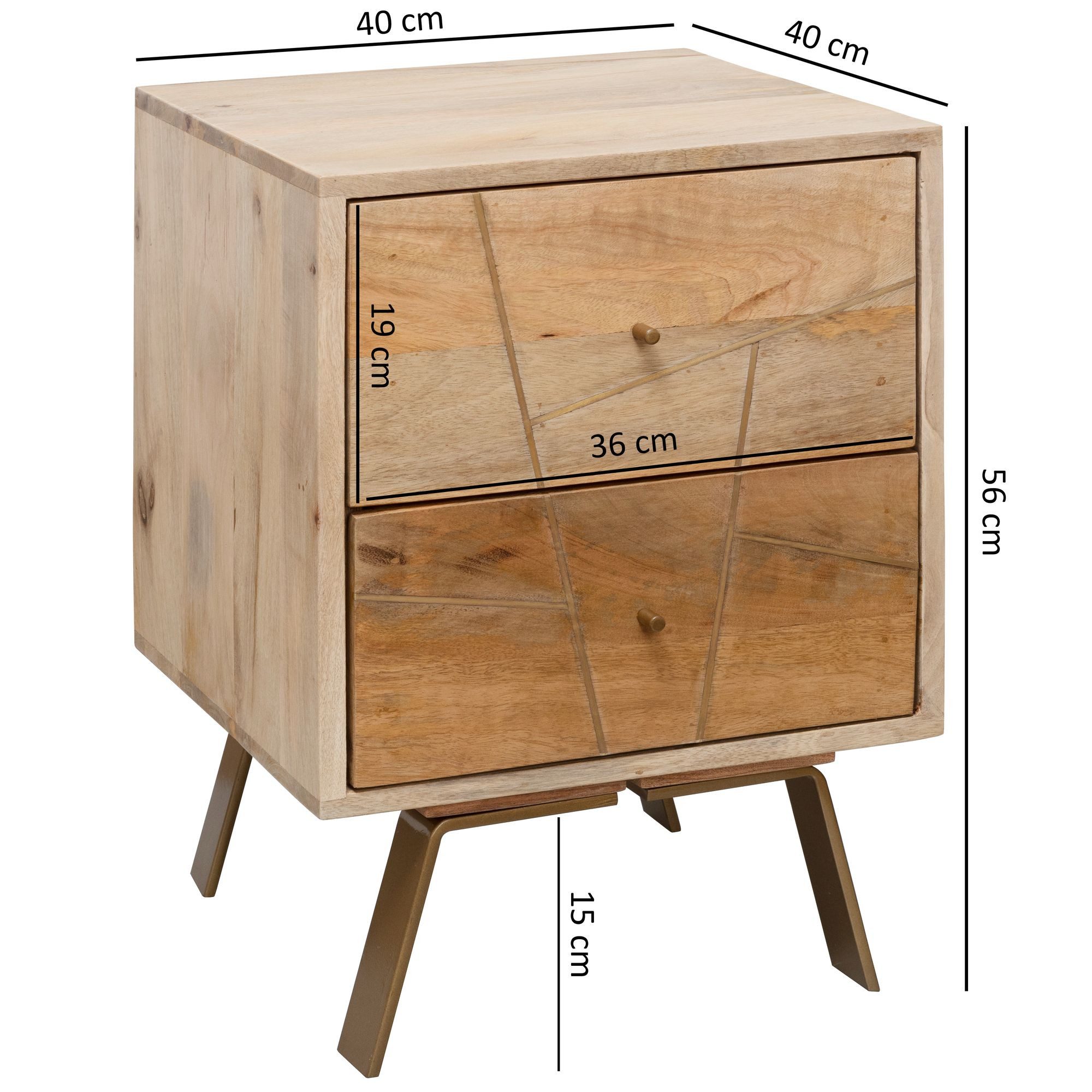 FINEBUY Nachtkonsole FB51000 Massivholz 2 Schubladen Nachttisch Nachtkästchen Natur (Nachtschrank Hoch, 40x56x40 cm Mango Massivholz), Nachttisch mit Schub, Nachtkästchen Boxspringbett
