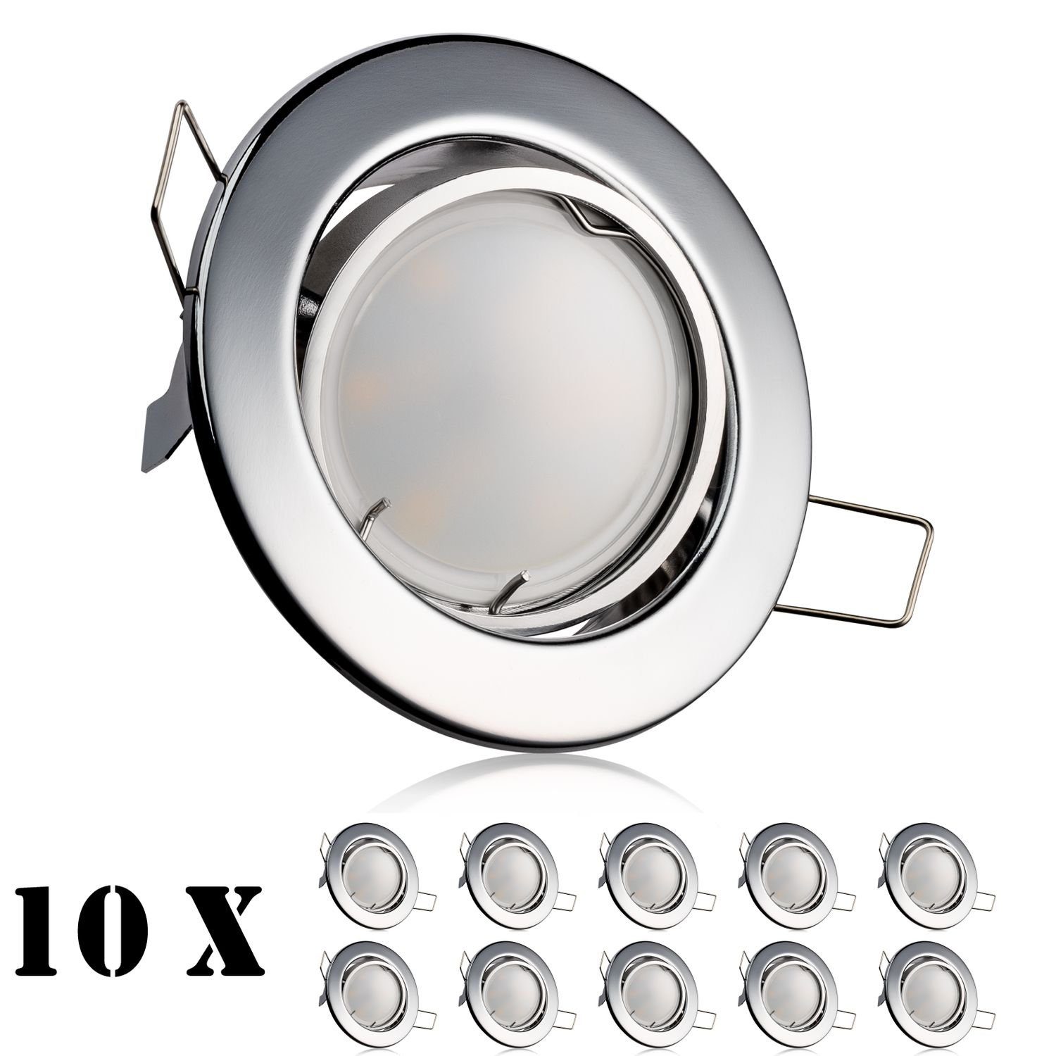 LEDANDO LED Einbaustrahler 10er LED Einbaustrahler Set Chrom mit LED GU10 Markenstrahler von LEDA | Strahler