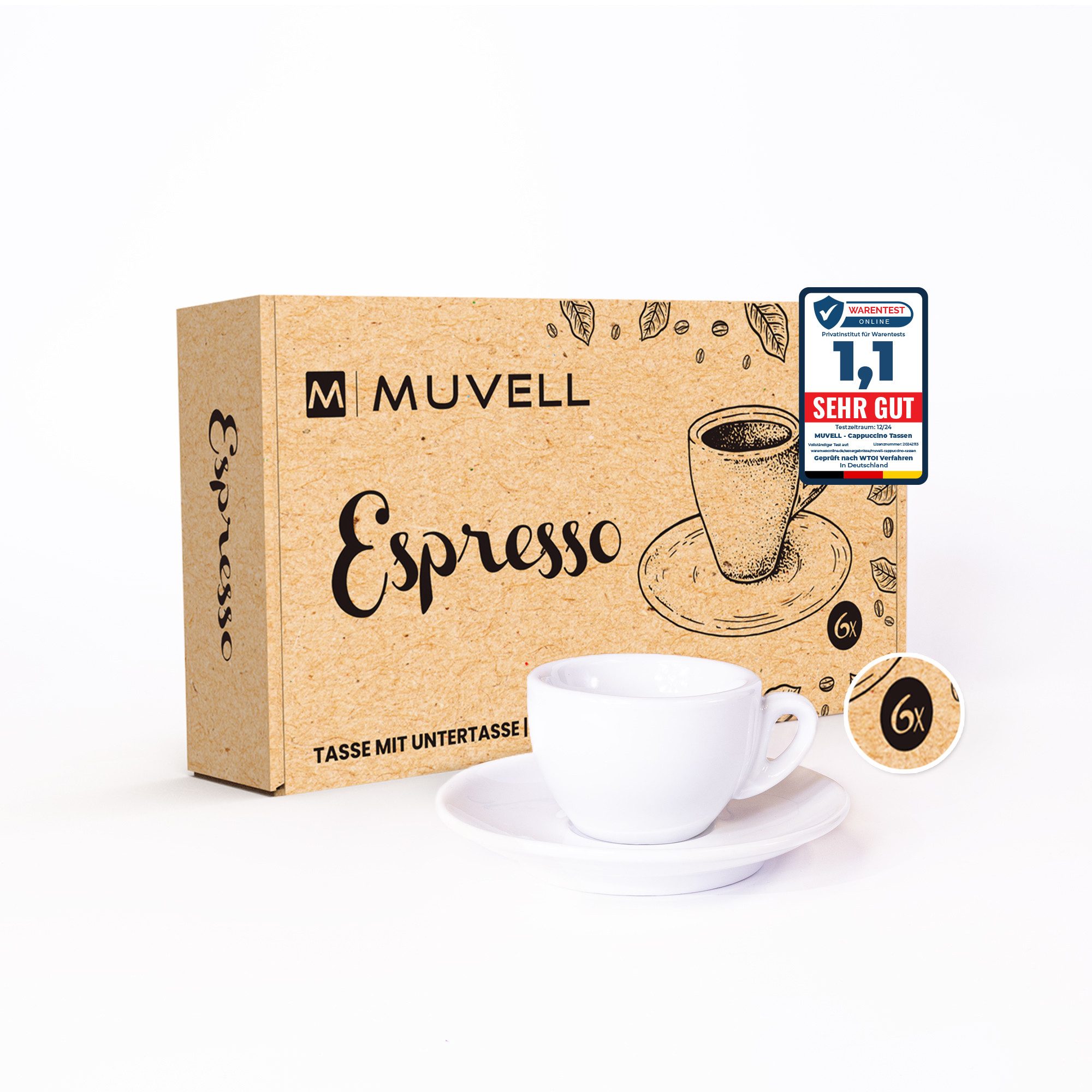 MUVELL Espressotasse Чашки для эспрессо Set 6 Чашки & Untertassen 0,8 cm dickwandig, Keramik, 60 ml weiß