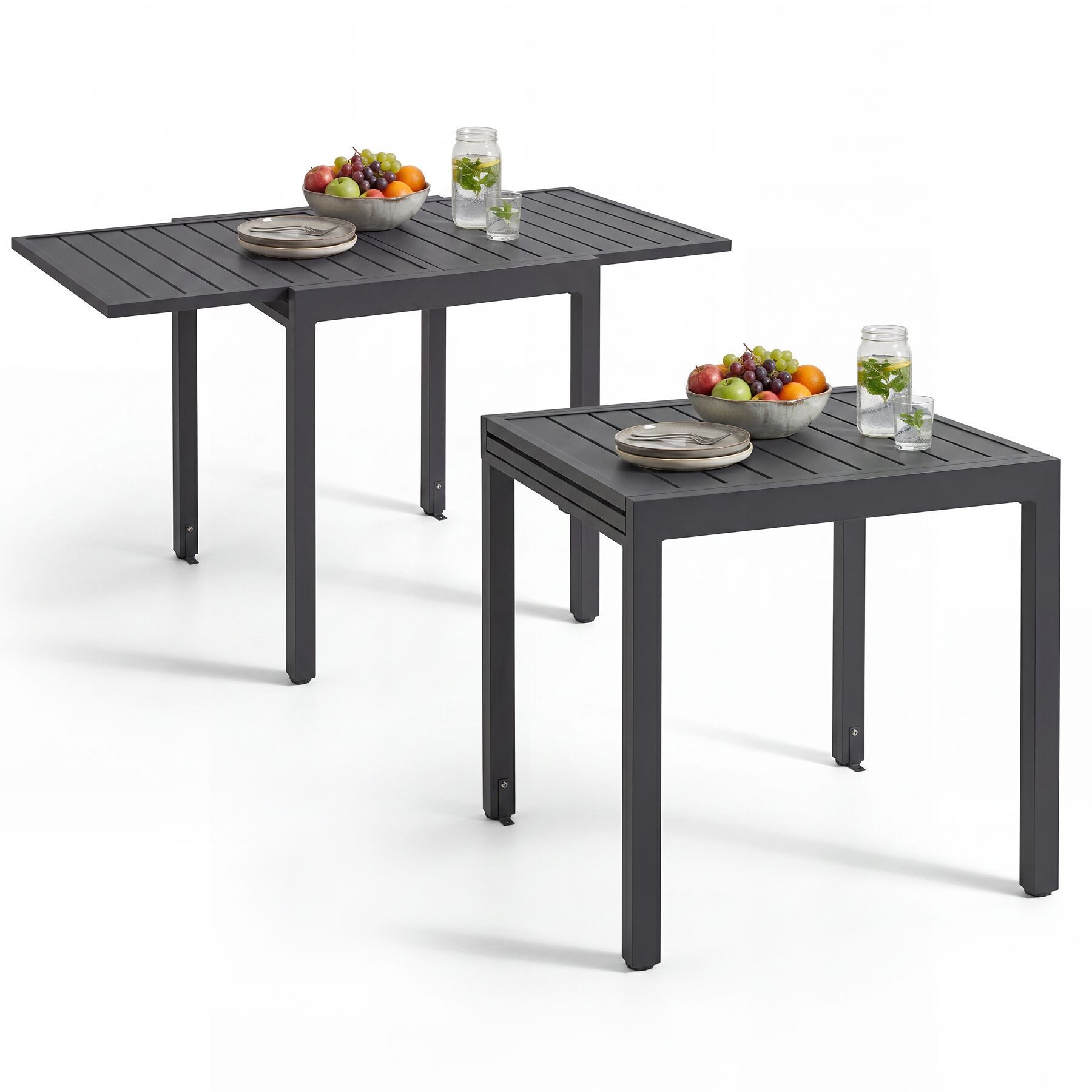 tectake Gartentisch Balkontisch für 4–6 Personen aus Aluminium, 70–140 x 70 x 75 cm (ausziehbarer Tisch Campos, 1-St., in dunkelgrau), ausziehbar, wetterfest und UV-beständig, Lamellenoberfläche