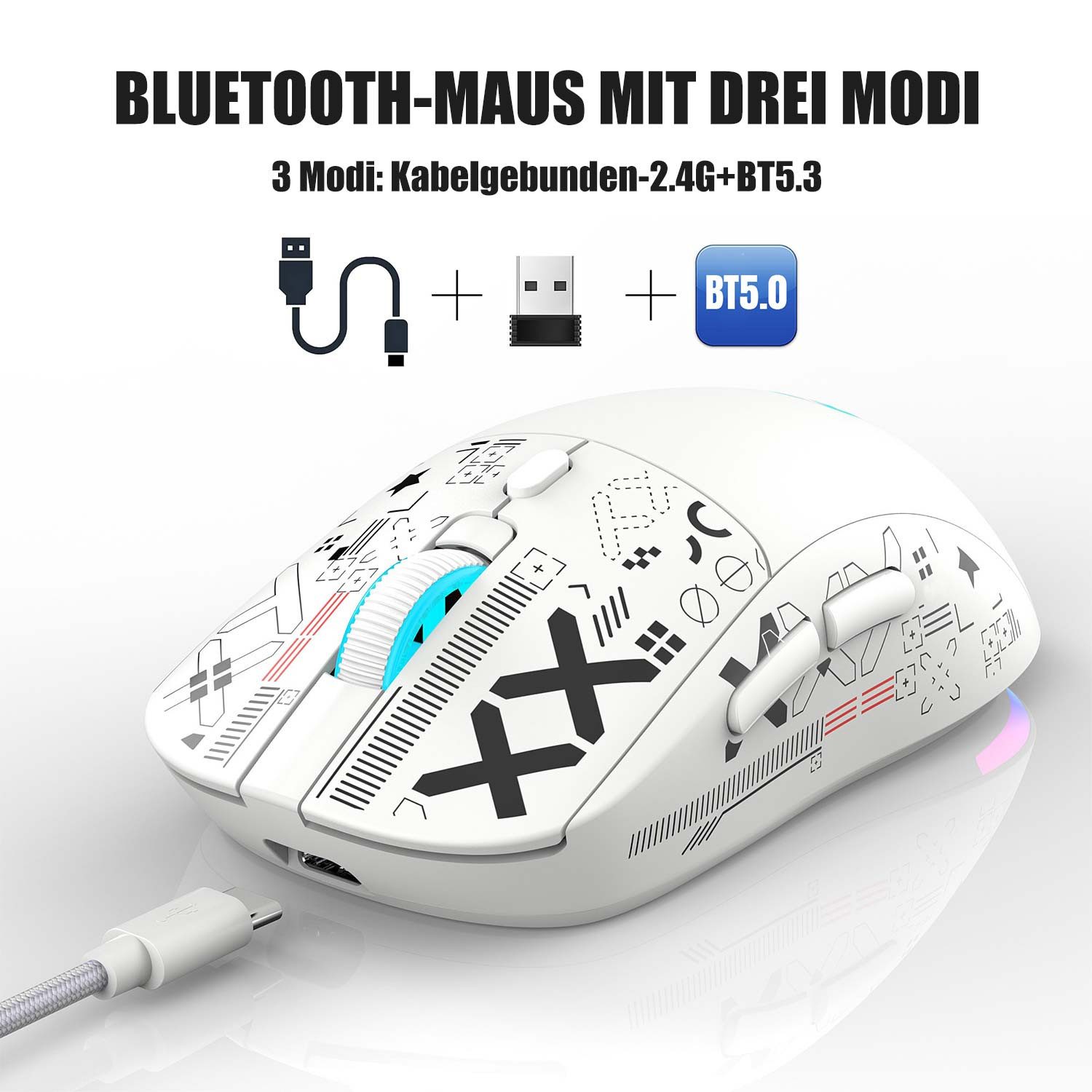 Refttenw 2,4G Bluetooth drahtlose Maus,Wireless-Maus,3600 DPI Maus (RGB-Glühen)