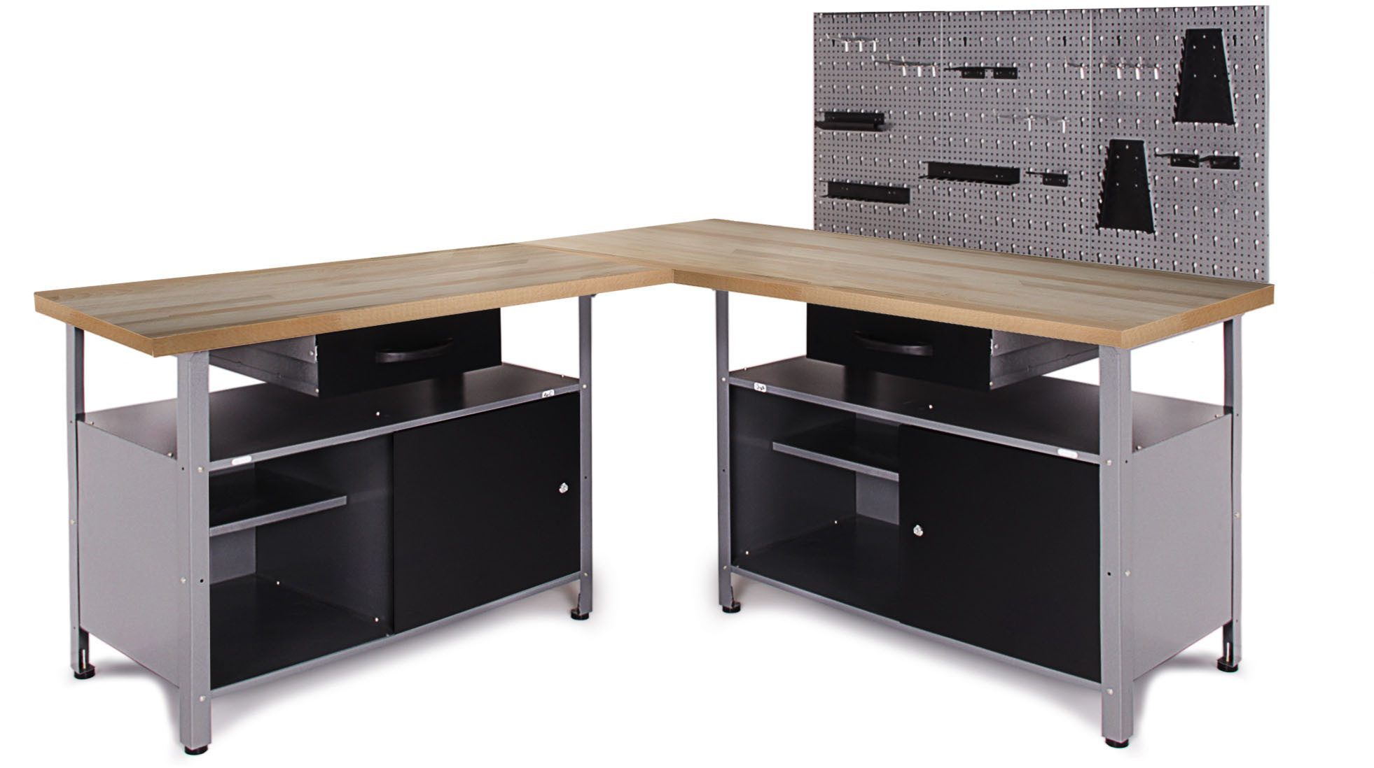 ONDIS24 Werkstatt-Set Ecklösung »One«, (3-tlg), Arbeitshöhe 85 cm - Buchen Arbeitsplatte 27 mm stark