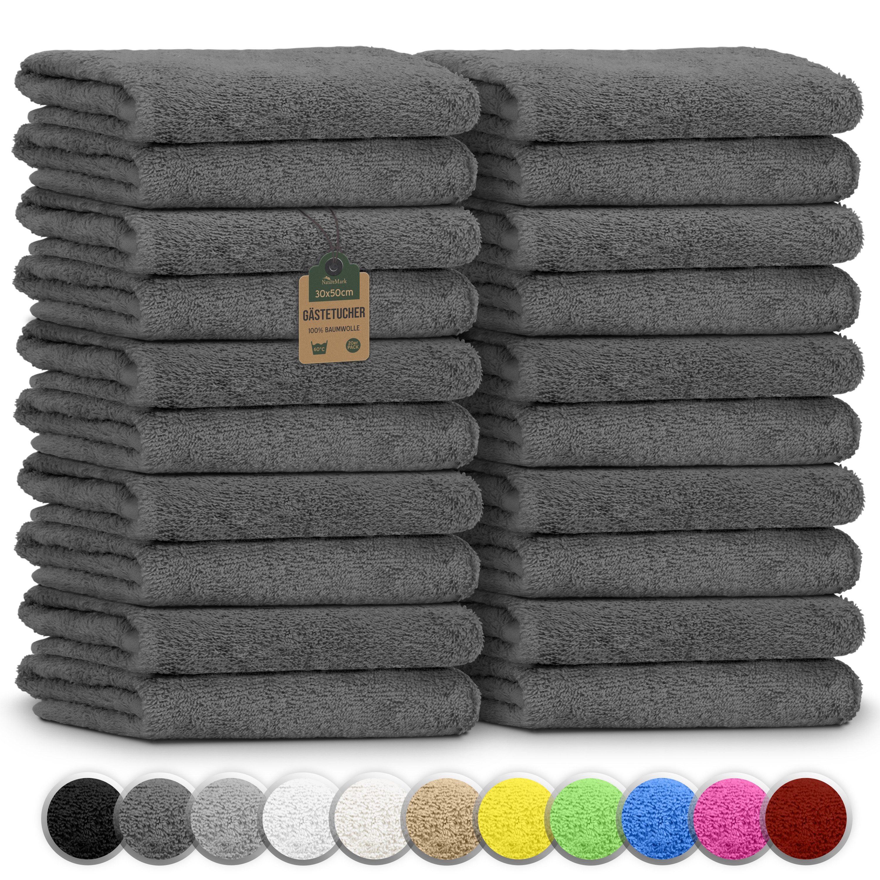 NatureMark Gästehandtuch 20er-Sparpack Frottier Gästetücher 30x50cm, 100% Baumwolle (20-St), Gästehandtuch 30x50cm Anthrazit grau