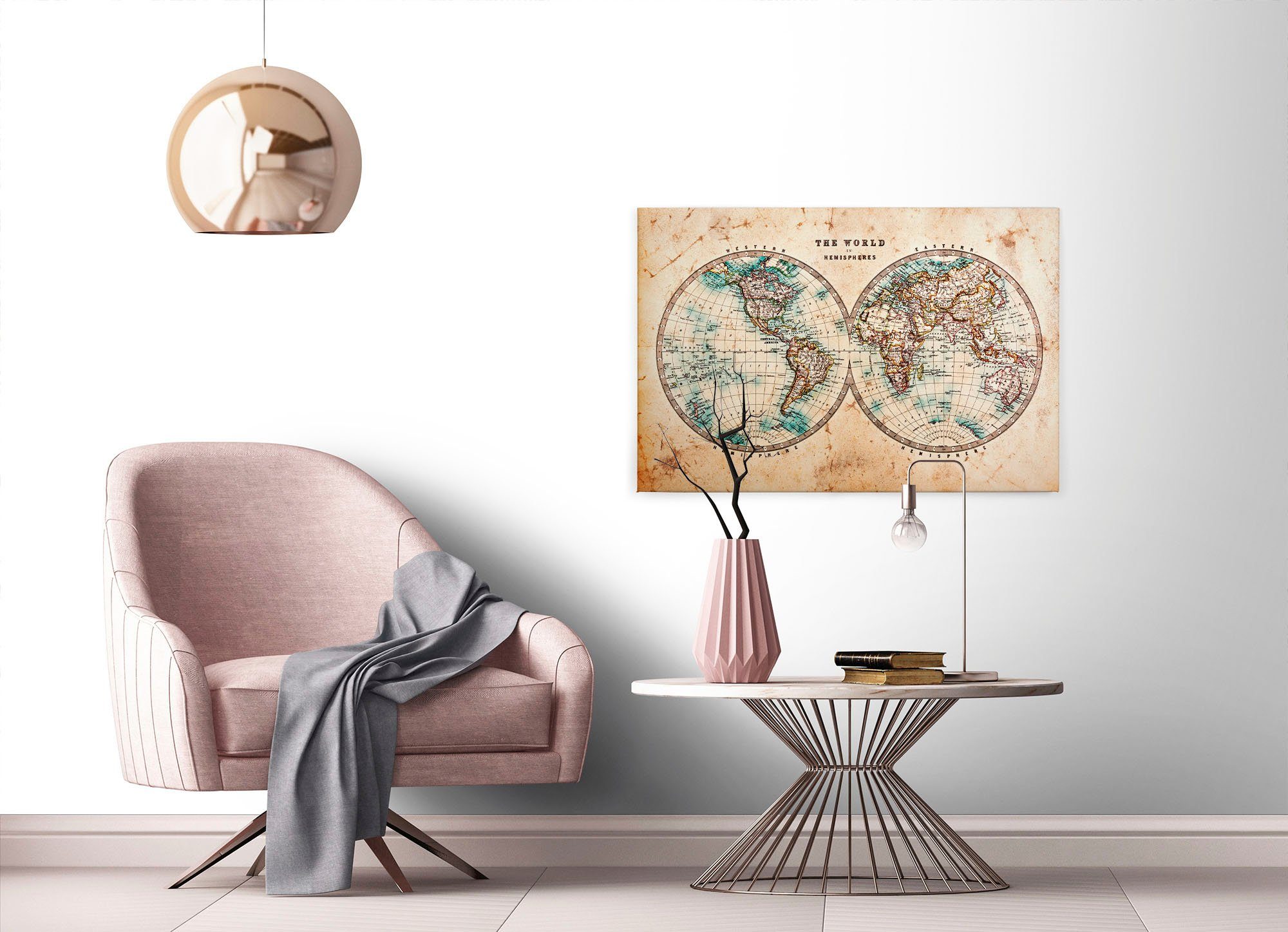 Création Bild Vintage St), Keilrahmen Leinwandbild Atlas Weltkarte A.S. beige Antik (1 Weltkarte Hemispheres,