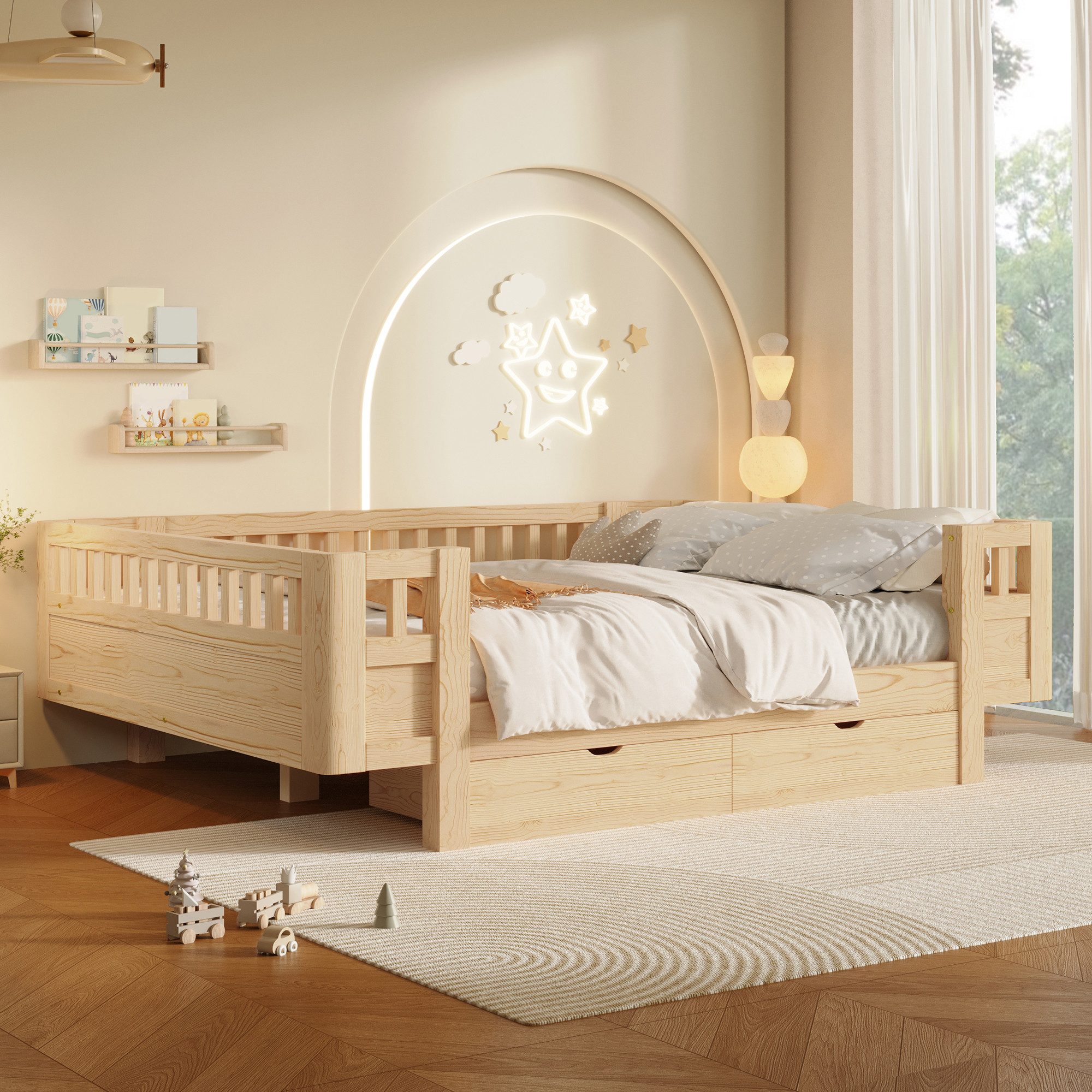 Merax Kinderbett mit Schutzgitter und 2 großen Schubladen (1-tlg), Massivholz Plattformbett 140x200cm Stauraumbett Jugendbett – Bild 4 von 5