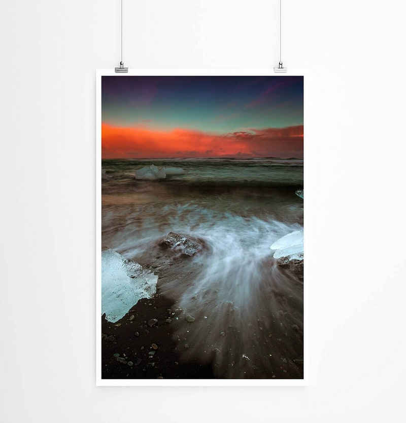 Sinus Art Poster Landschaftsfotografie 60x90cm Poster Malerischer Strand in Island mit Eisbroken