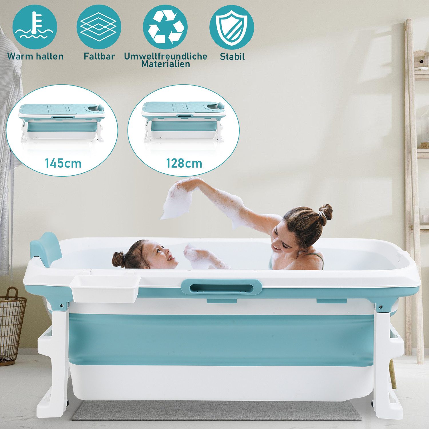 Clanmacy Badewanne Badewanne Erwachsene XXL-Bad Faltbare mit Massagerollen 149cm – Bild 3 von 5