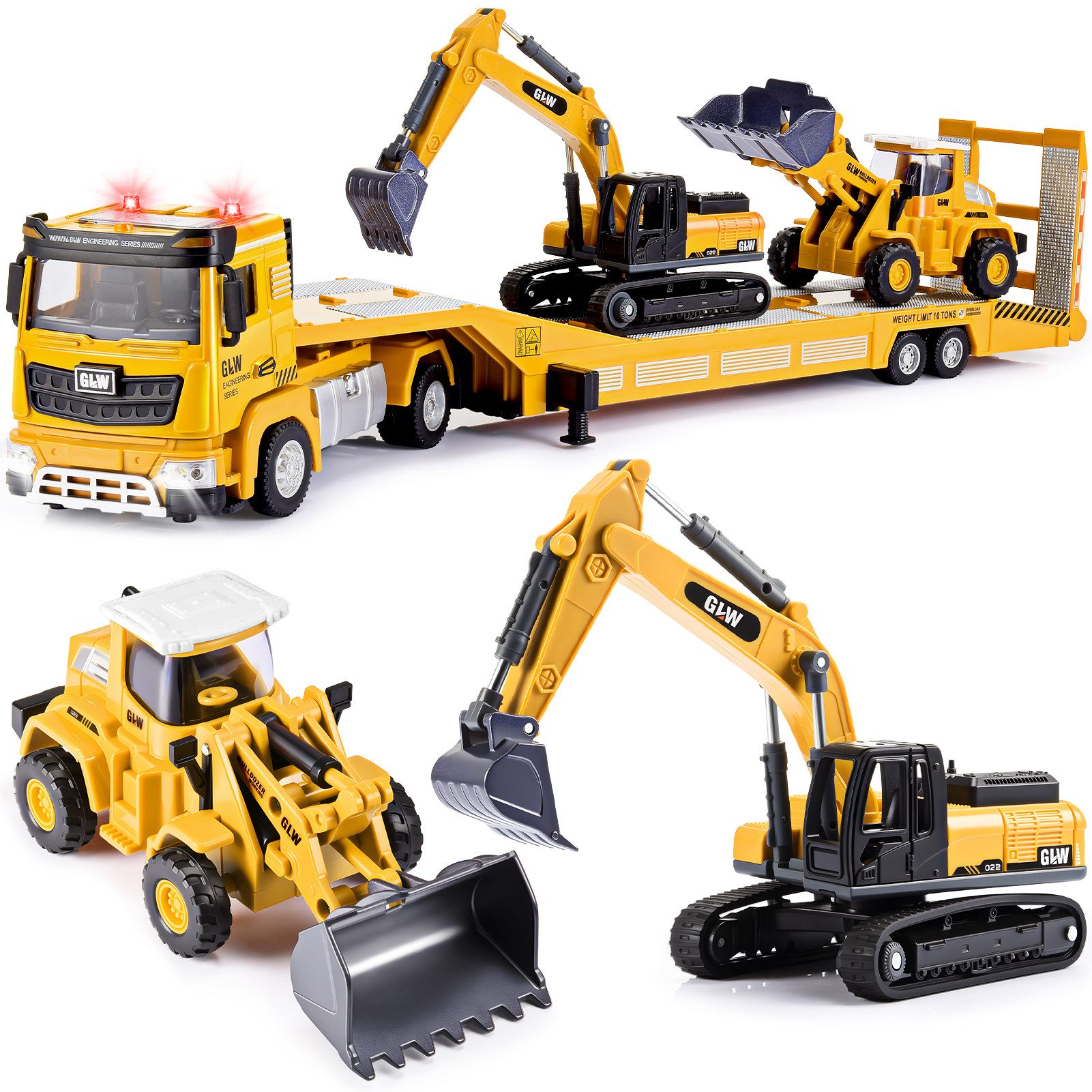 Wootoy Spielzeug-Baumaschine Spielzeugfahrzeuge Baustellenfahrzeuge Set Bagger Bulldozer Sattelzug, (mit Licht- und Soundeffekte sorgen für ein interaktives Spielerlebnis, 3-tlg., Bewegliche Funktionen ermöglichen Baustellen- und Rollenspiele), Ideales Geschenk für kleine Baustellenfans