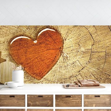 Bilderdepot24 Küchenrückwand braun dekor Holzoptik Muster Natural Love Wandverkleidung Küche, (1-tlg., Nischenrückwand - für Fliesenspiegel ohne Bohren - matt), Spritzschutz Rückwand Küche Herd - Folie selbstklebend versch. Größen