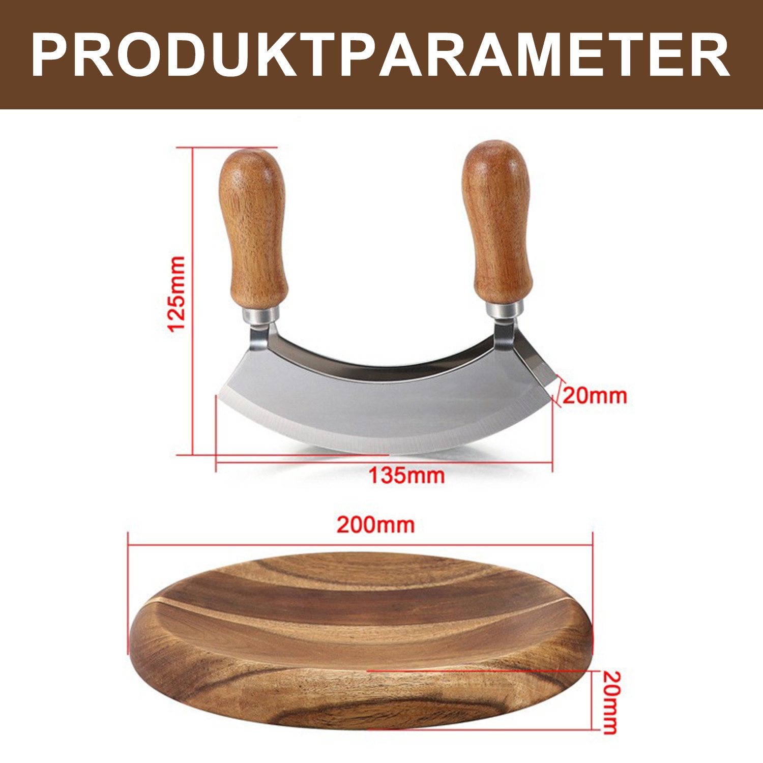 Refined Living Wiegemesser Doppelklinge Edelstahl Wiegemesser mit Schneidebrett, kräuterschneider, kräuterschneider Kräuterschneidebrett Hackmesser Biegemesser Käse