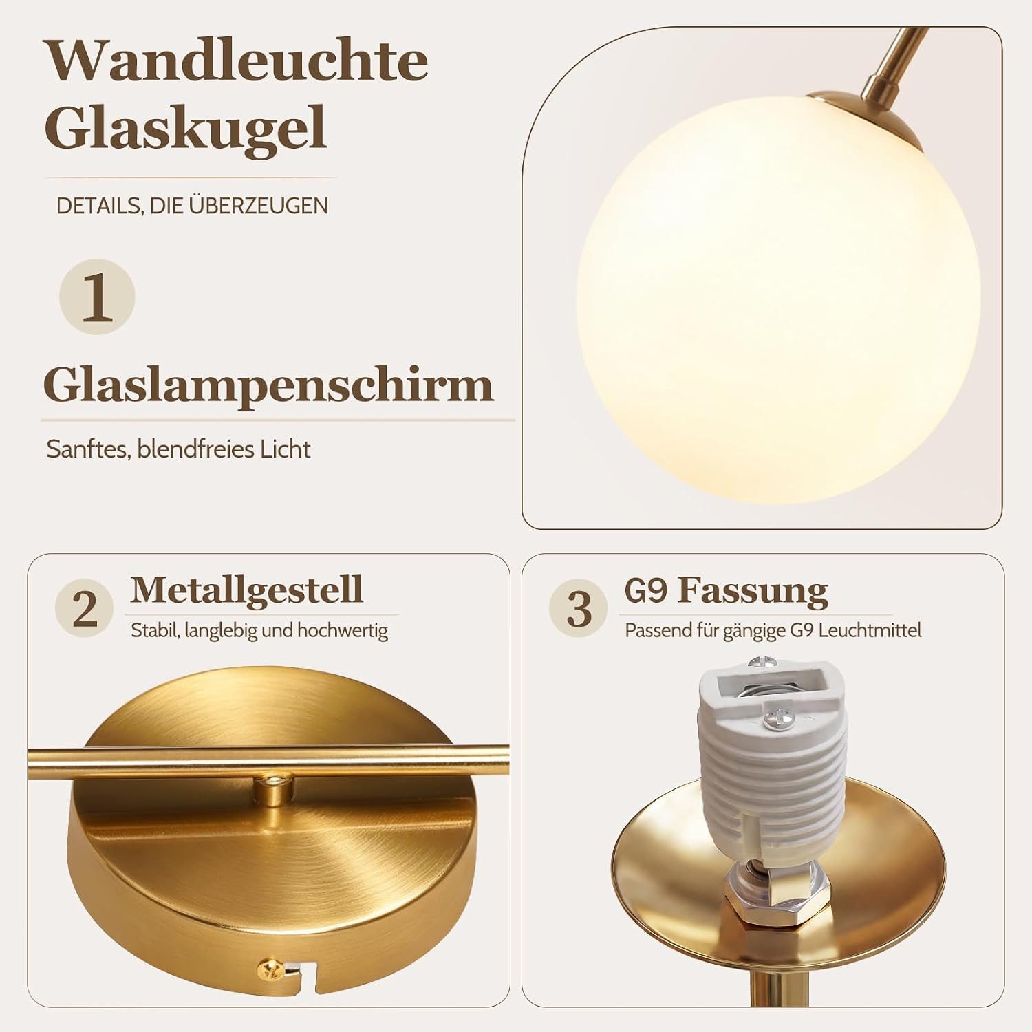 ZMH Wandleuchte innen Gold G9 Modern Wandlampe Glas Schlafzimmer Flur, ohne Leuchtmittel, Ø47cm, Metall & Glas, max. 5 W, für Schlafzimmer Wohnzimmer – Bild 4 von 5