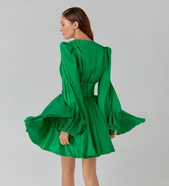 ZWY Dirndl Laternenärmel,A-Linien-Rock,V-Ausschnitt,rockabilly kleider damen grün (Größe: M-XL) (business kostüm damen elegant,business kleid,festkleider für damen)
