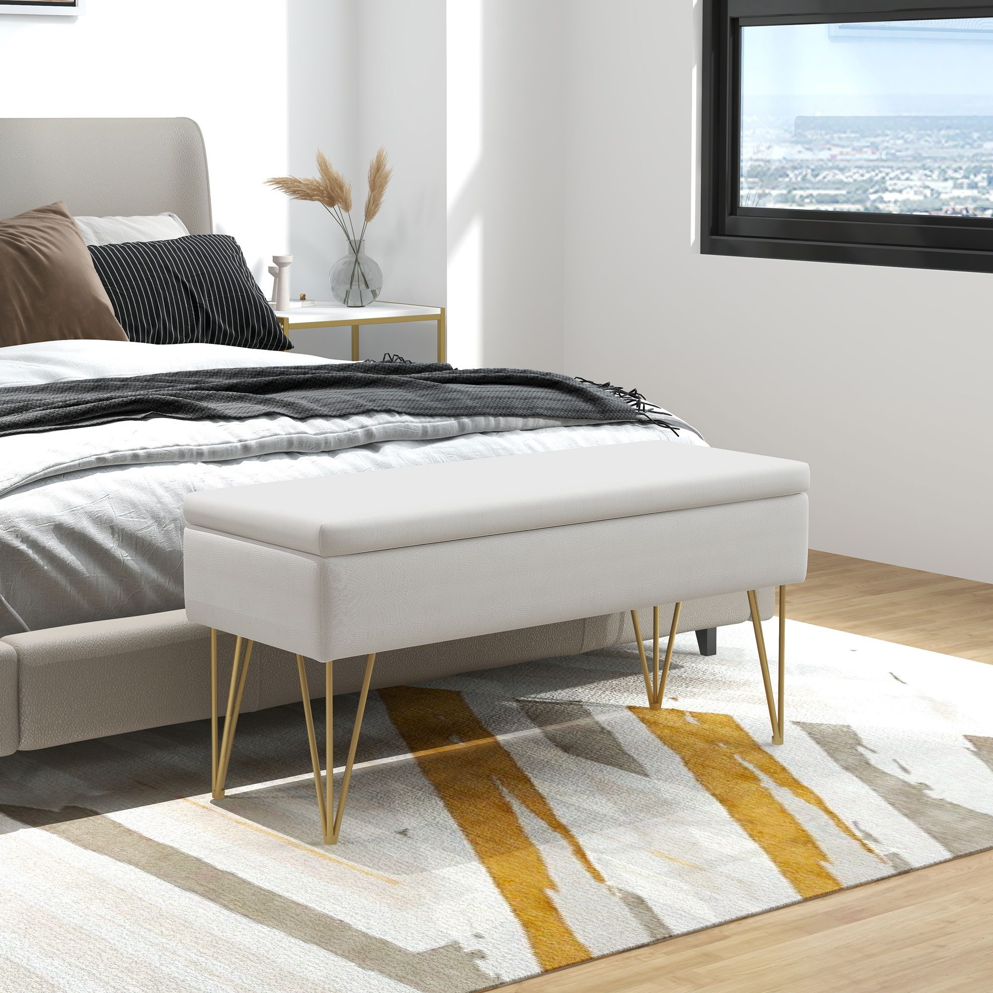 HOMCOM Polsterbank Sitzbank mit Stauraum, Leinenoptik (Bettbank, 1-St., Bank mit Stauraum), 100 x 40 x 49 cm, Creme