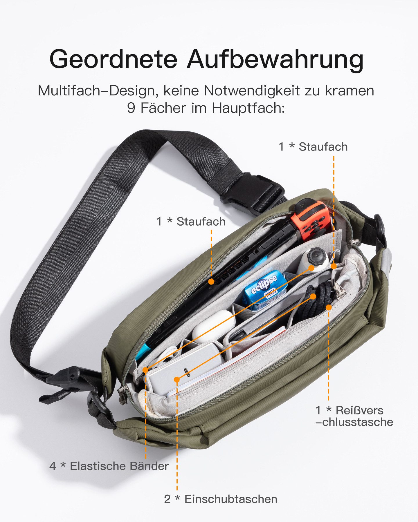 Inateck Umhängetasche Bauchtasche 4L, Stylische Sling Bag Herren Damen, Schultertasche, für Reise Schule Wandern, Wasserdicht
