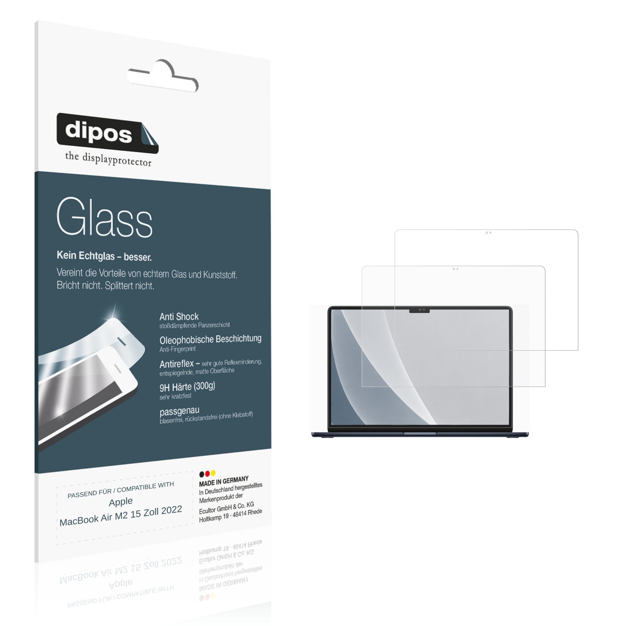 dipos Displayschutzfolie Schutzfolie für Apple MacBook Air M2 15 Zoll 2022, 2 Stück, Displayschutz Schutz Folie Made in Germany