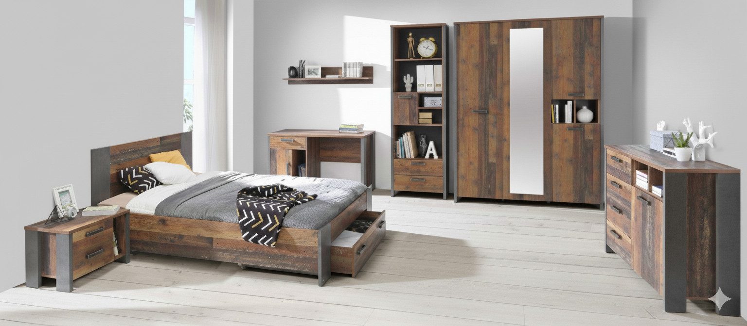 FORTE Komplettschlafzimmer Jugendzimmer CLIF Komplettset 8-tlg. Optik: Old Wood Vintage von Forte, (Komplett-Set, 8-tlg., Kommode, Bett, Schreibtisch, Regal, Schrank, Sideboard, Wandboard)