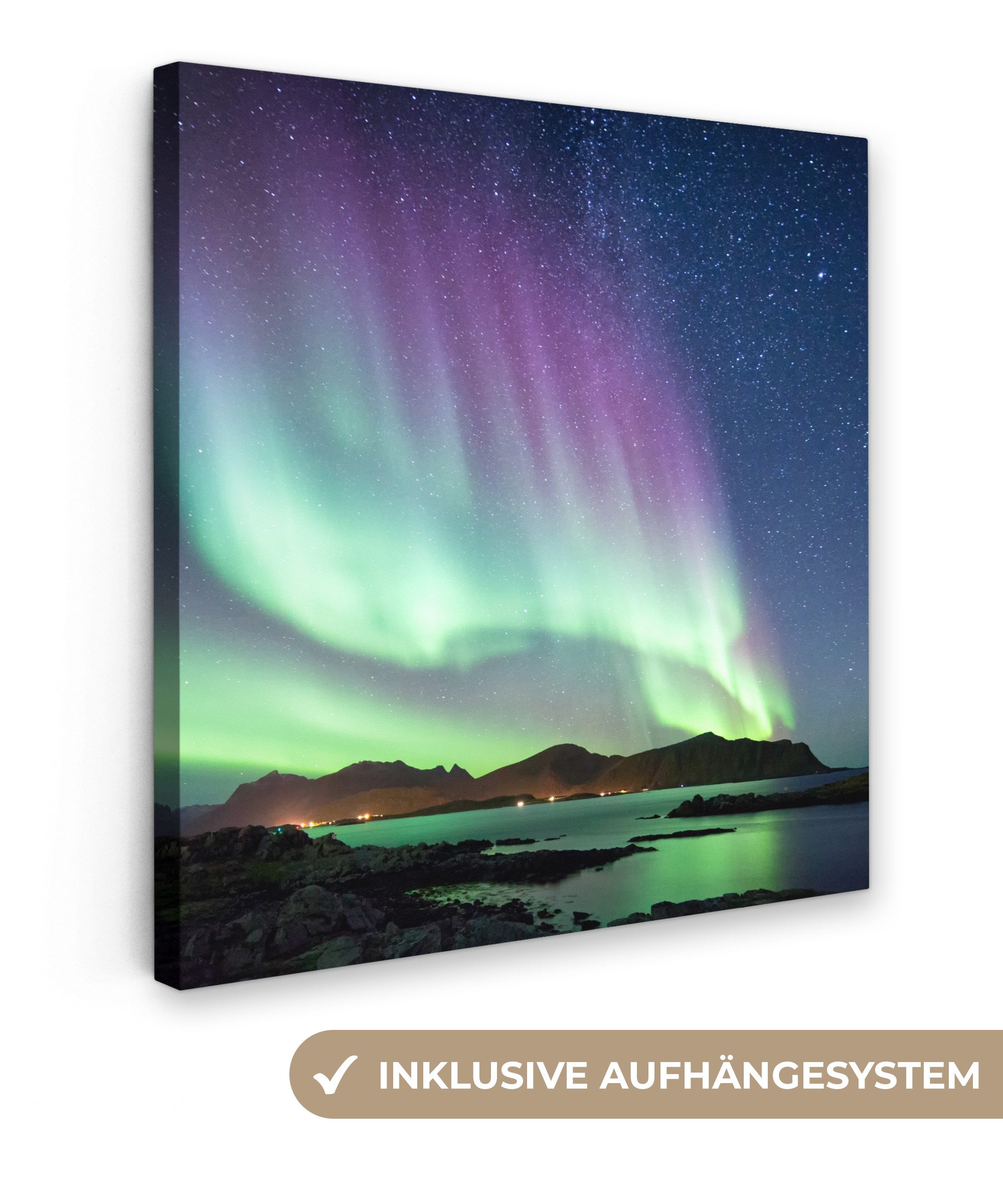 OneMillionCanvasses® Leinwandbild Nordlicht - Grün - Lila - Sternenhimmel - günstig online kaufen