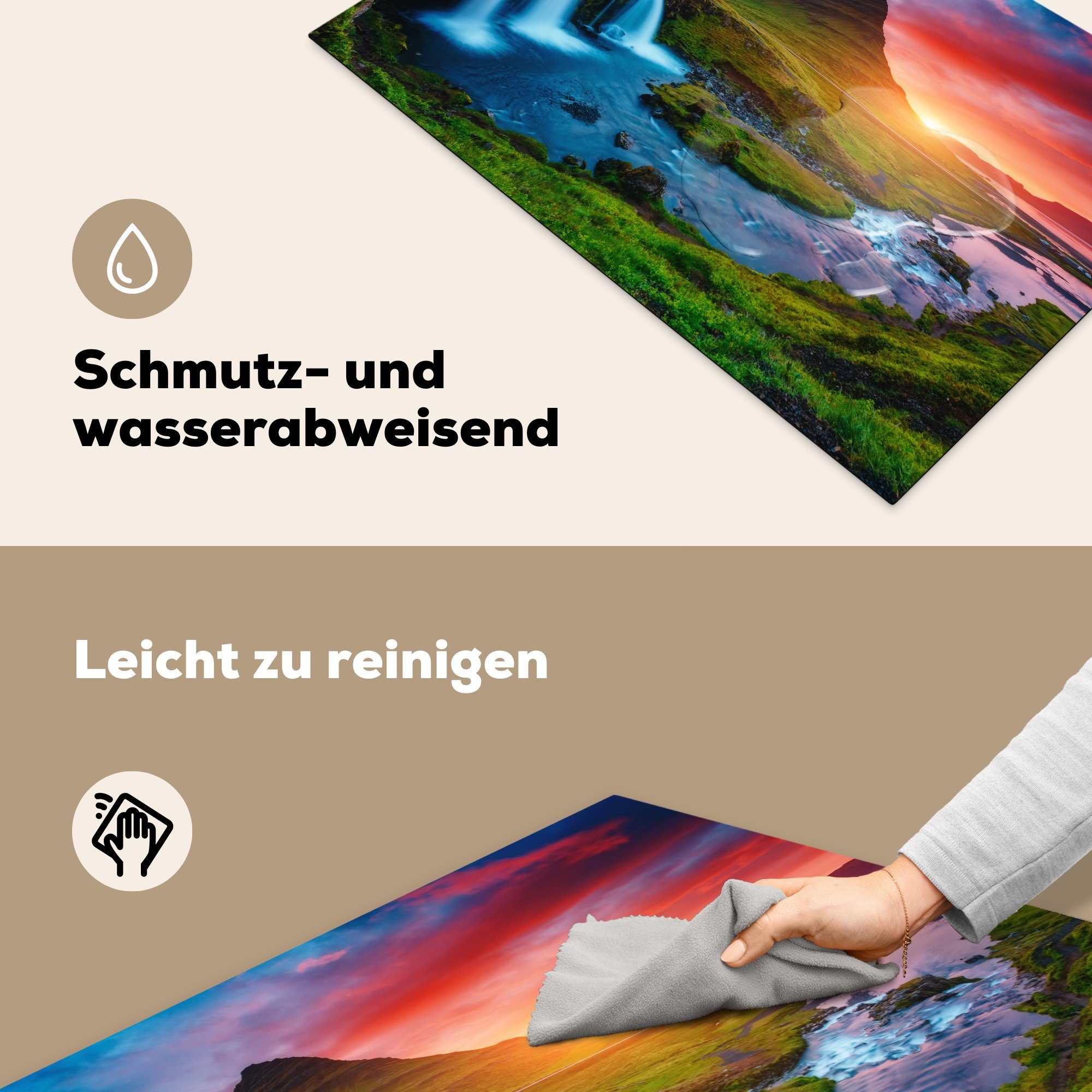 cm, für 81x52 - Vinyl, Herdblende-/Abdeckplatte tlg), (1 - Schutz - Sonnenuntergang die Ceranfeldabdeckung MuchoWow Natur, Induktionskochfeld - Moos Berg küche, Wasserfall