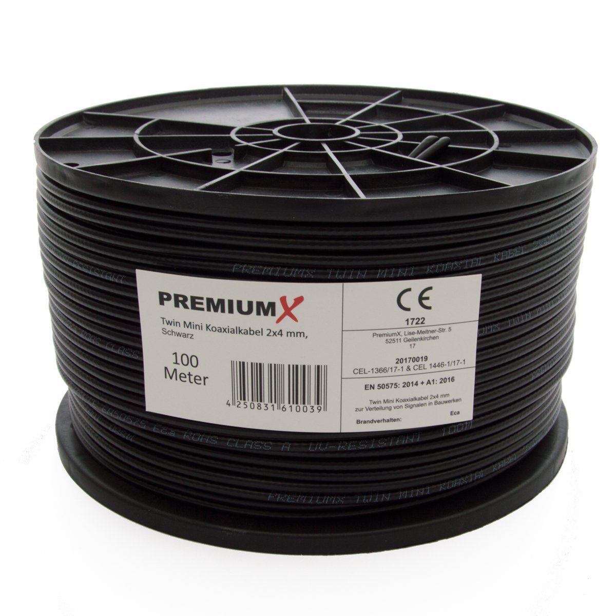 PremiumX 100m Sat Koaxial Kabel 90dB Twin Mini 2 x 4mm extra dünn Schwarz  Antennenkabel 2-fach geschirmt für Sat Kabel DVB-T – Ultra HD 4K 3D TV-Kabel