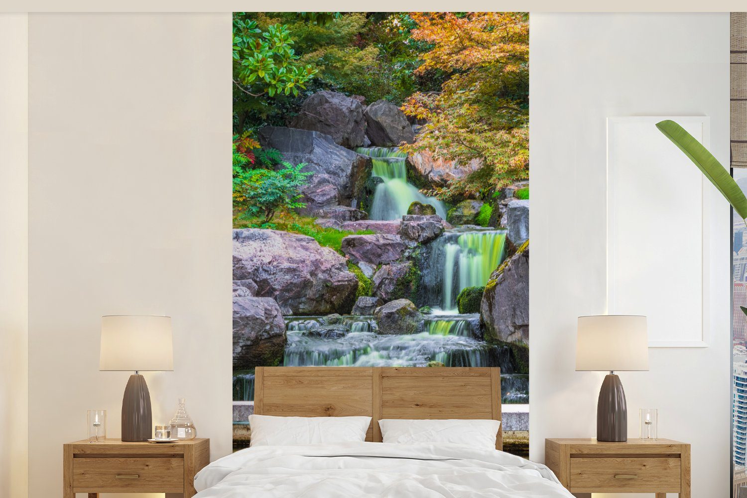 Wohnzimmer bedruckt, Botanisch, Fototapete Japanisch Bäume Matt, für Wasser Küche, Schlafzimmer (2 Vliestapete - St), - - - Steine MuchoWow Fototapete