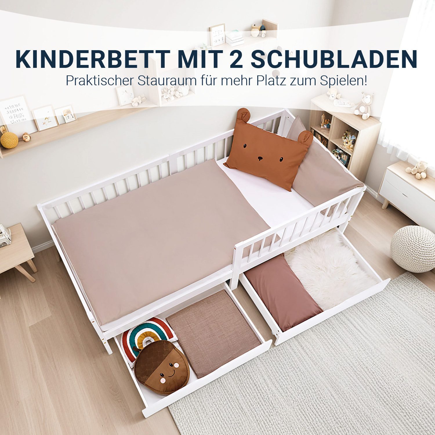 Homestyle4u Kinderbett 90x200 2 Bettkästen Weiß Natur Grün Rausfallschutz Gitterbett Stauraum (Komplett-Set mit Lattenrost, Matratze mit OEKO-TEX® Standard 100), Weiß, Bettkasten/Schublade, Kiefer