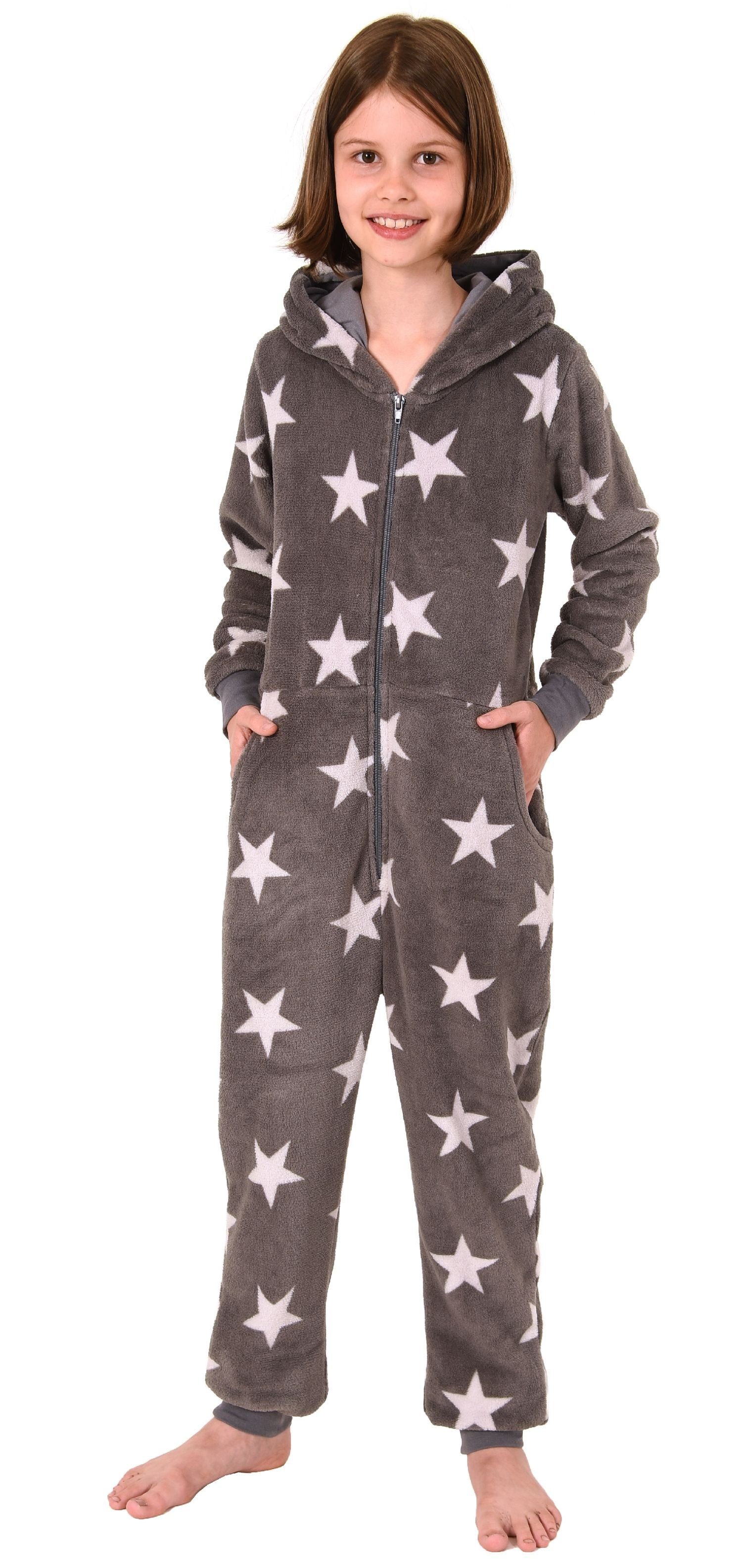 Schlafanzug Pyjama langarm Jumpsuit Normann Mädchen Sternenmotiv grau Overall