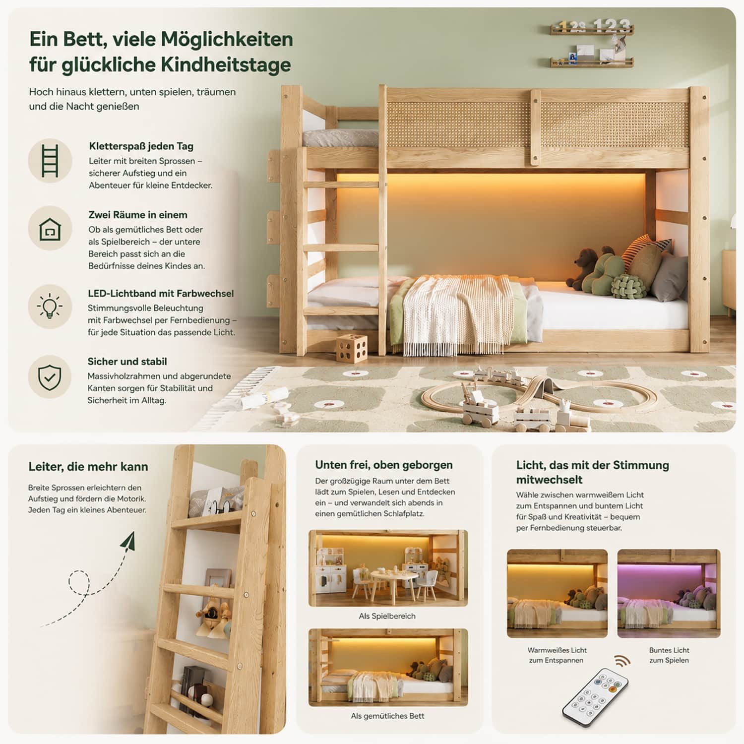 ANYSUN Kinderbett Hochbett mit Dreistufige Treppe,LED-Lichtleiste,Ablage,Rattan-Optik (1-tlg., mit Rausfallschutz,bett, mit Freier Spiel- und Lesebereich darunter), Kinderbett mit Oberem Lattenrost,ohne Matratze,Natur+Weiß,90×200cm