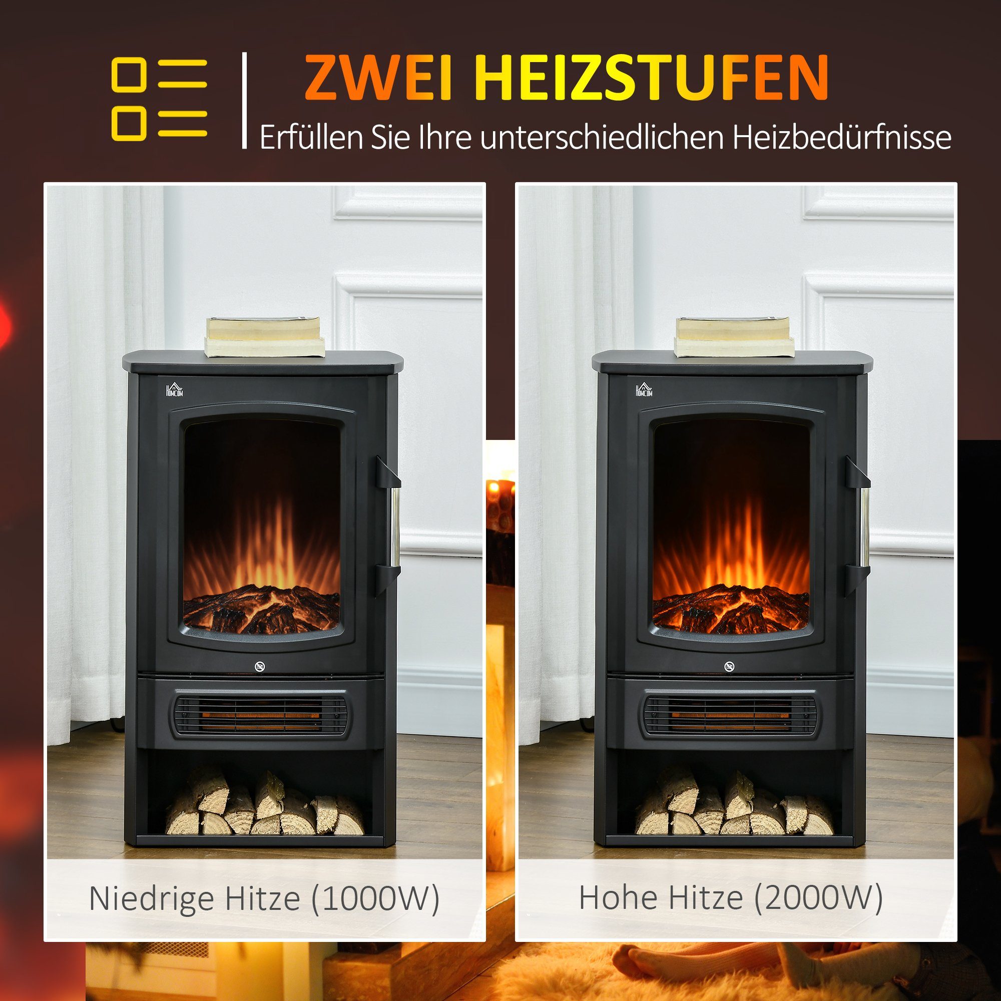 HOMCOM Elektrokamin LED Standkamin mit Flammeneffekt Innenraumheizung Stahl Schwarz, 2 Heizstufen, 1000,2000W – Bild 4 von 5