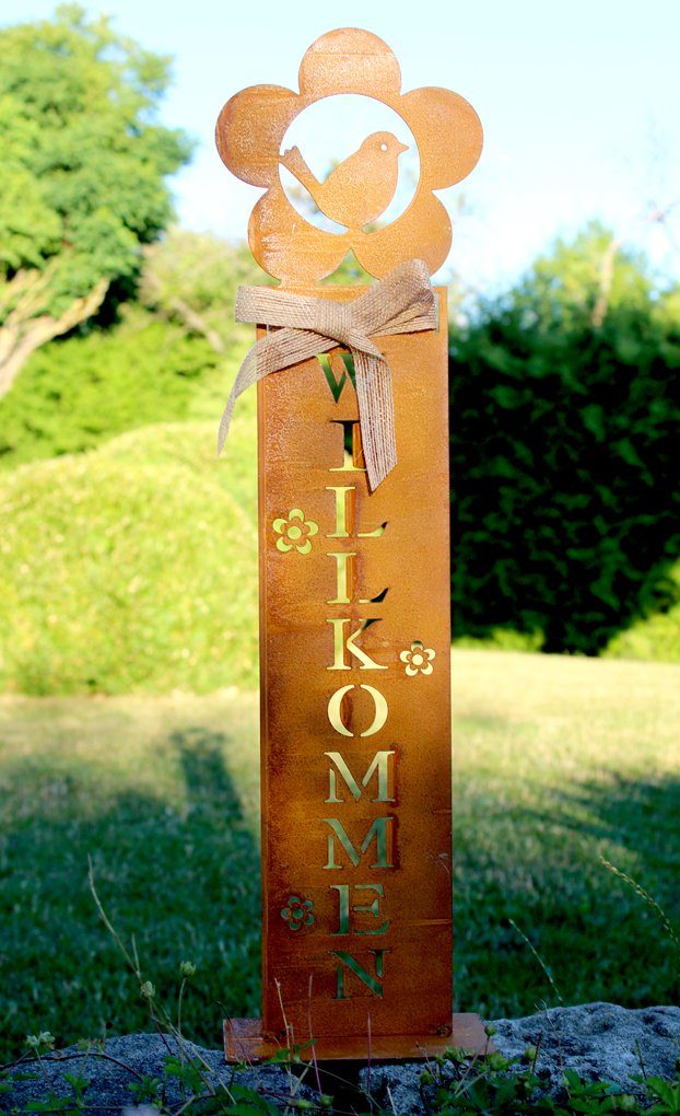 Gartenparty Vogel LB Herbstdeko Dekofigur rostige Dekofigur Frühlingsdeko rostig Geschenk Dekoschild Schild Stele Rostdeko H&F Hauseingang Metall Figur (Metallschild Eingang WILLKOMMEN), Schriftzug Säule Lilienburg Rostschild Gartenschild Rostsäule Tür Gartendeko Dekofigur Steele Deko Rost Aufsteller