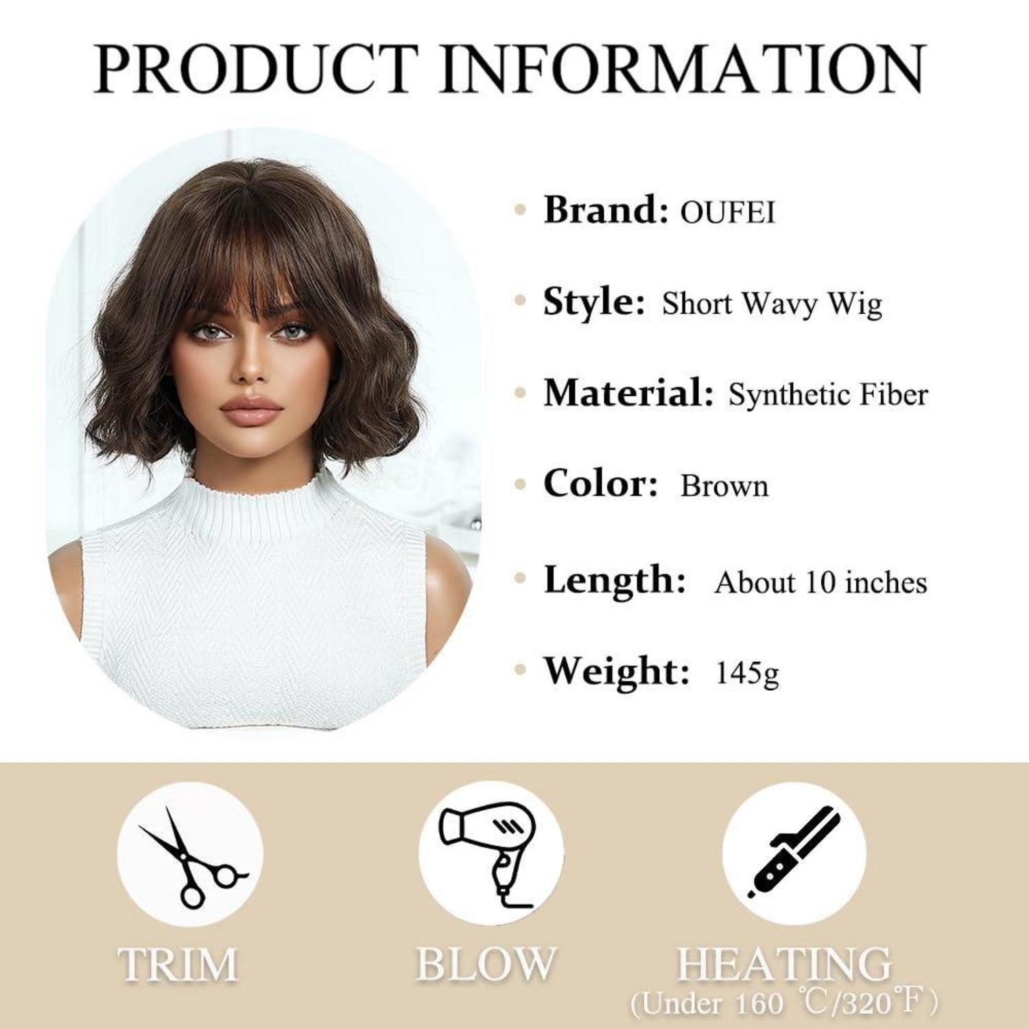 LuxusKollektion Kunsthaarperücke Braune Bob Perücke mit Pony Kurz & Gewellt Natürliches Synthetisches