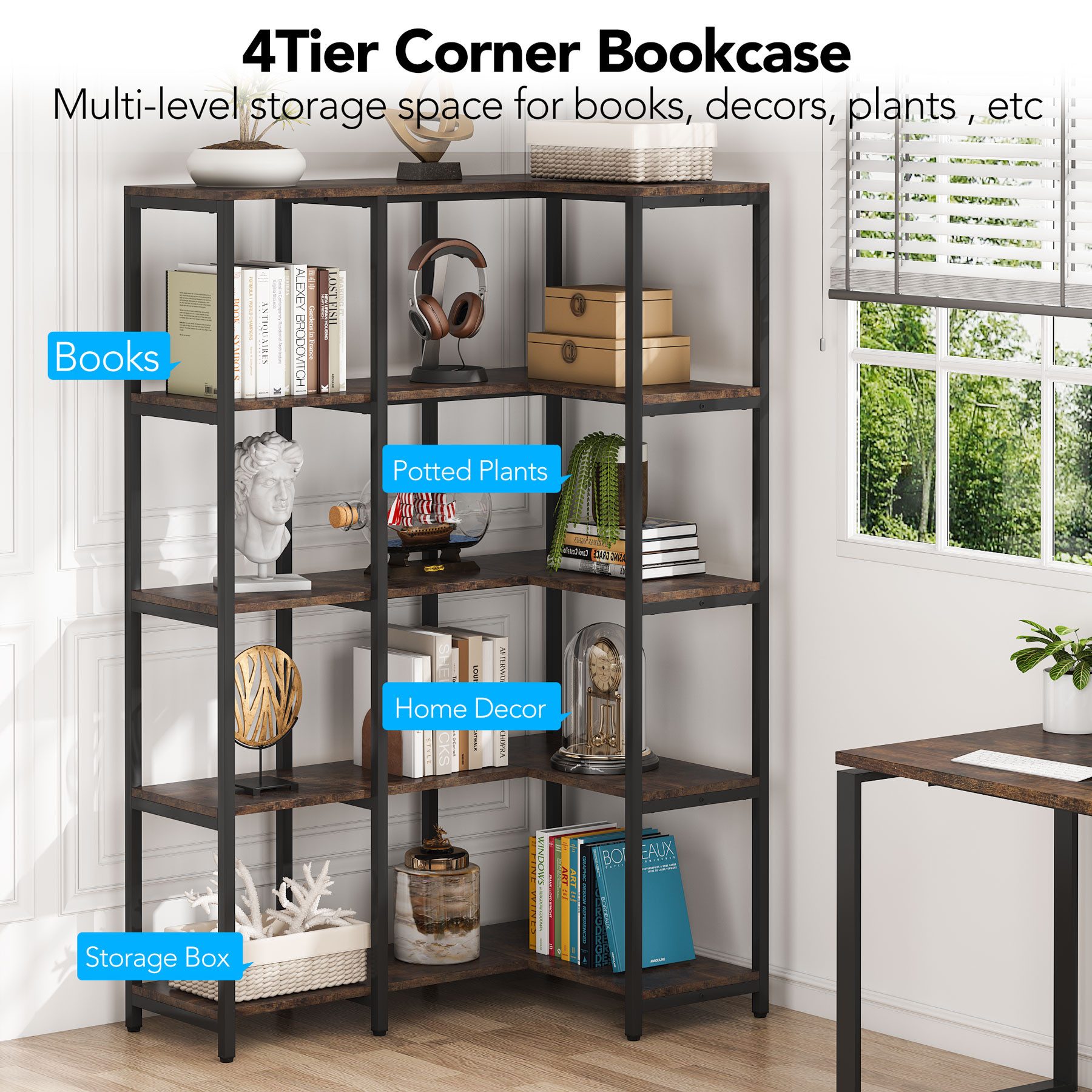 Hosfais Eck-Bücherregal Mit 5 Ebenen – Schmal, 150 Cm Hoch, Aus Stahl & Holz, Platzsparend Für Wohnzimmer & Büro